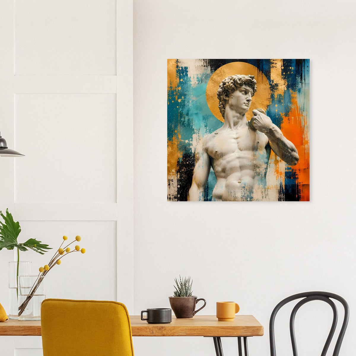 Poster: David-Skulptur im goldenen Kreis mit bunten Spritzfarben