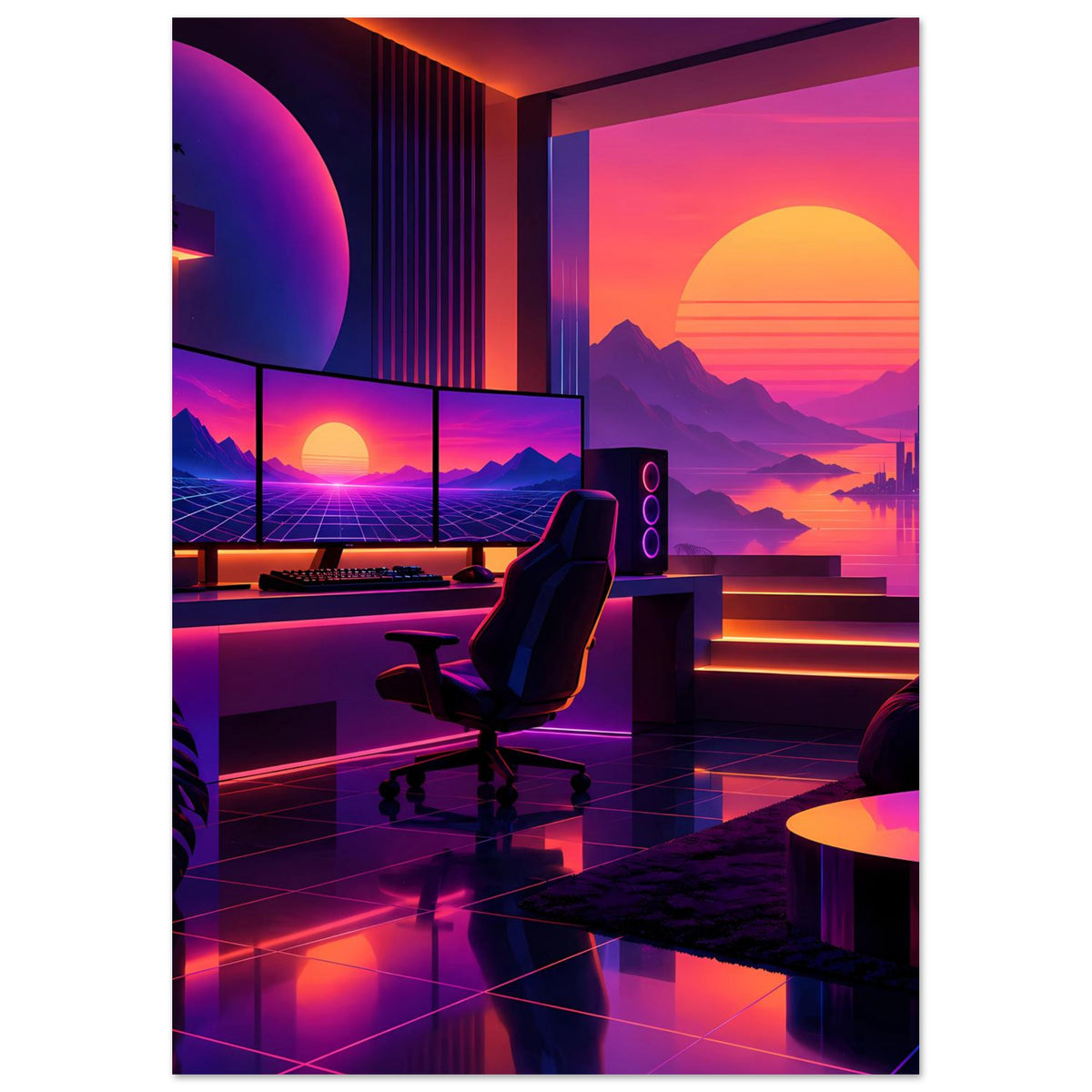 Retro-Neon-Poster mit Sonnenuntergang: futuristische Fenster, Berglandschaft und Lounge-Sessel.