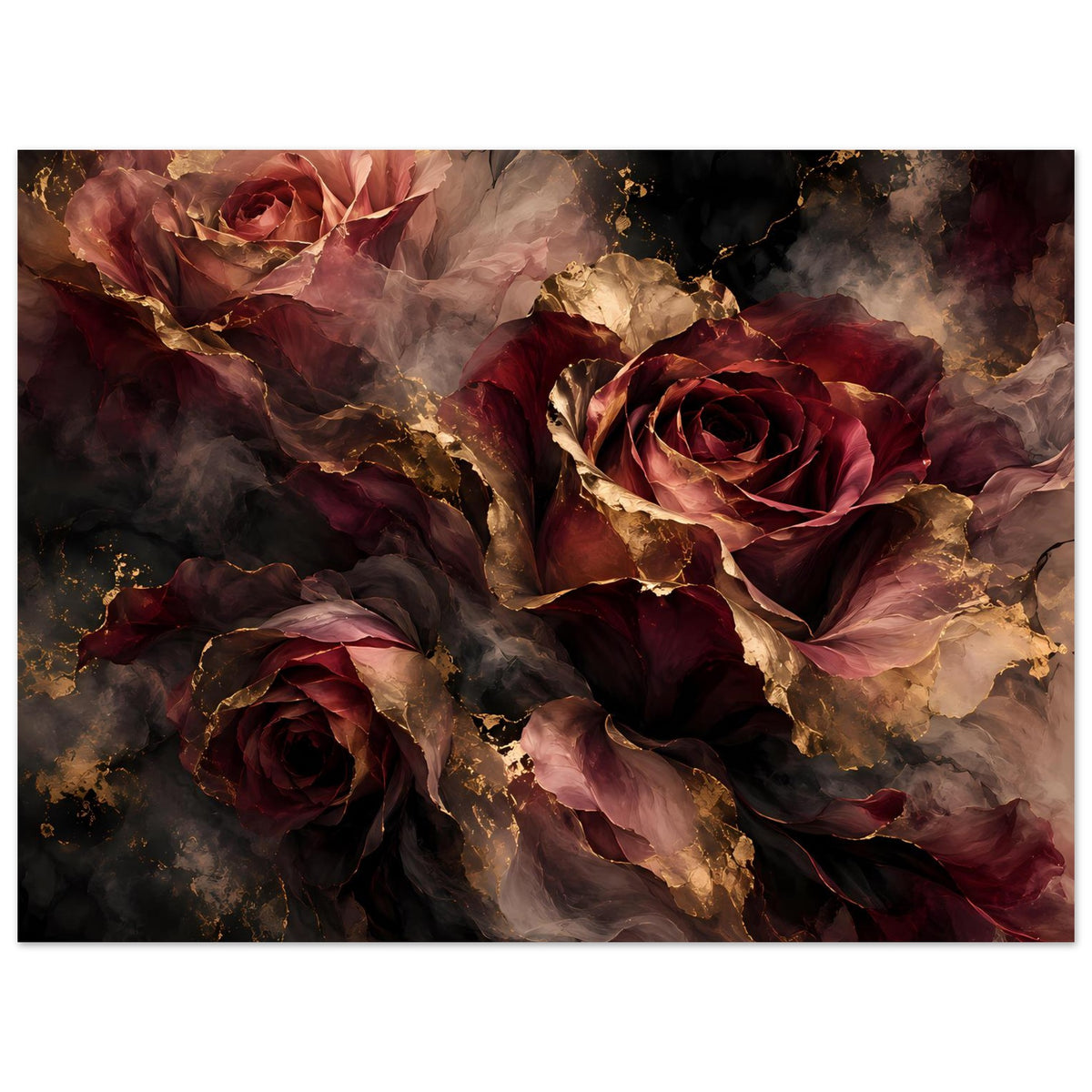 Poster mit dunklen Rosen und goldenen Akzenten, florales Motiv in dunklem Farbverlauf.