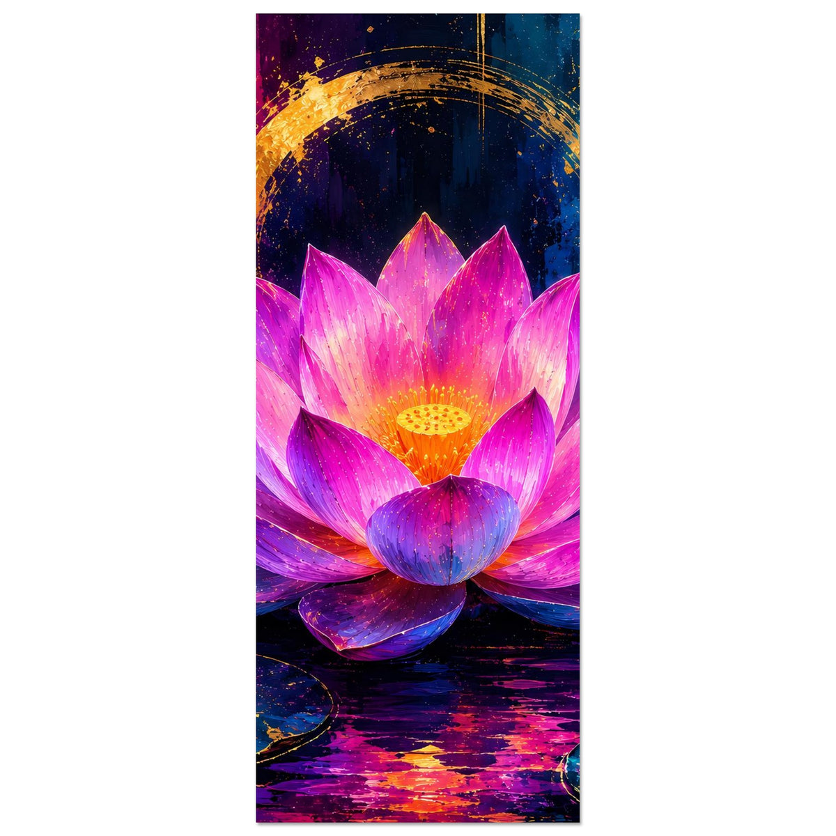 Blumenposter im Hochformat mit leuchtender Lotusblüte in Rosa/Violett und goldener Mitte