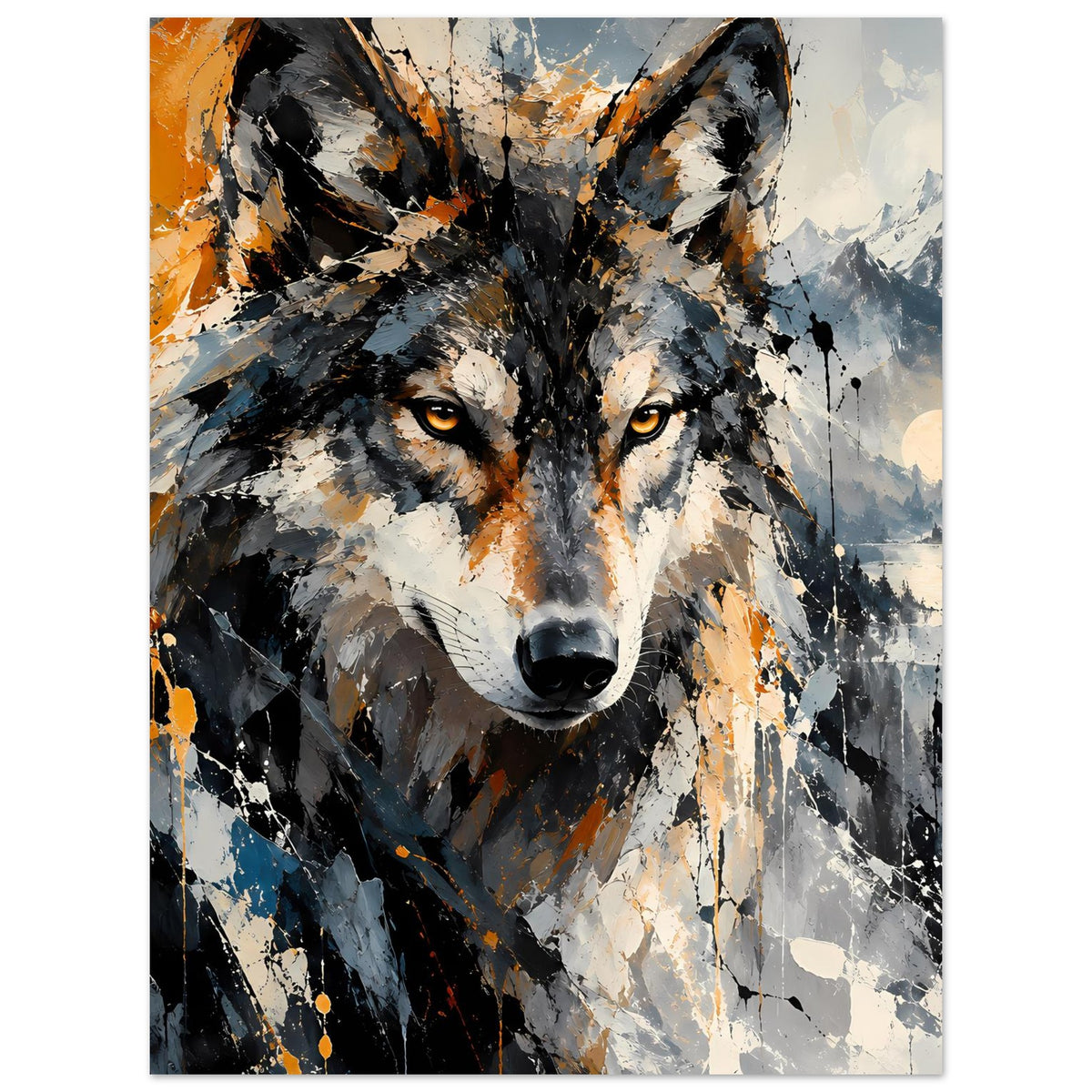 Abstraktes Wolf-Kunstposter, Orange und Grau, mittige Darstellung mit gelben Augen