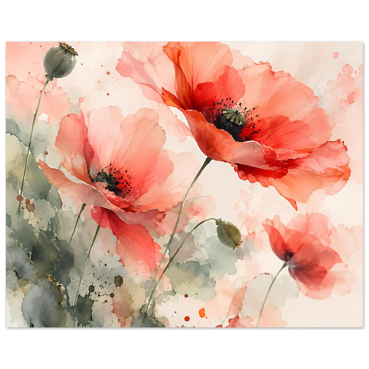 Aquarell-Poster mit Korallrosa Mohnblüten, grünen Knospen und sanften Aquarellwolken