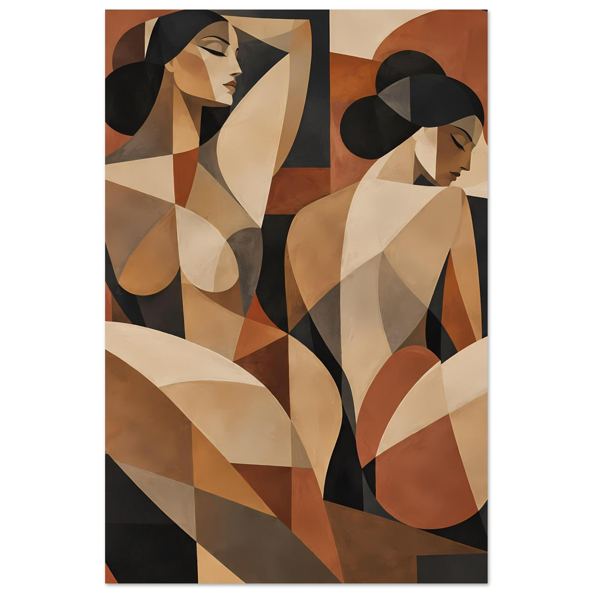 Abstraktes Poster: zwei Frauenfiguren mit Dreiecken und geschwungenen Kanten in Erdtönen