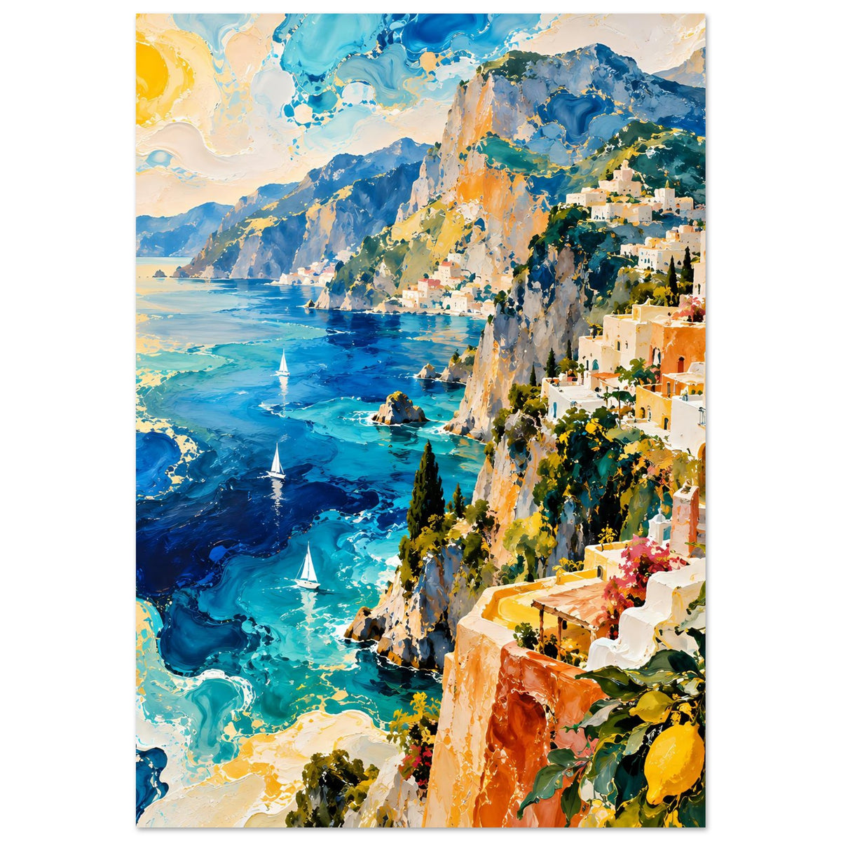 Küstenposter mit Blick aufs Meer, Felswände, weiße Gebäude und blühende Pflanzen am Rand