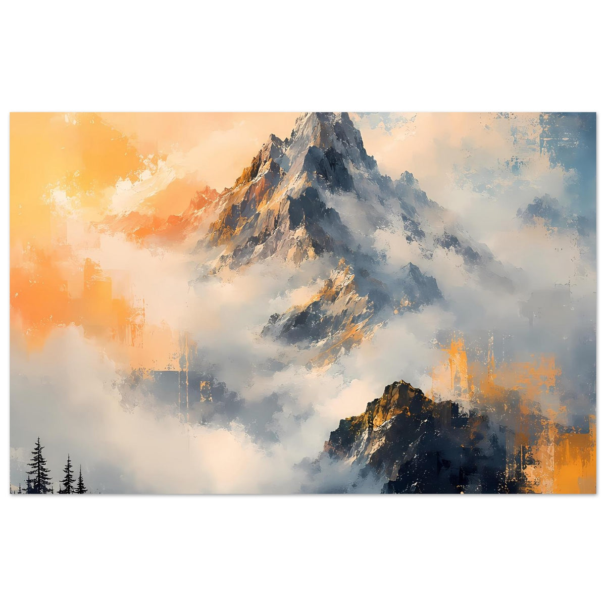 Breites Poster mit Berglandschaft, orange-blauem Farbverlauf und wolkigem Nebel, ohne sichtbare Bäume