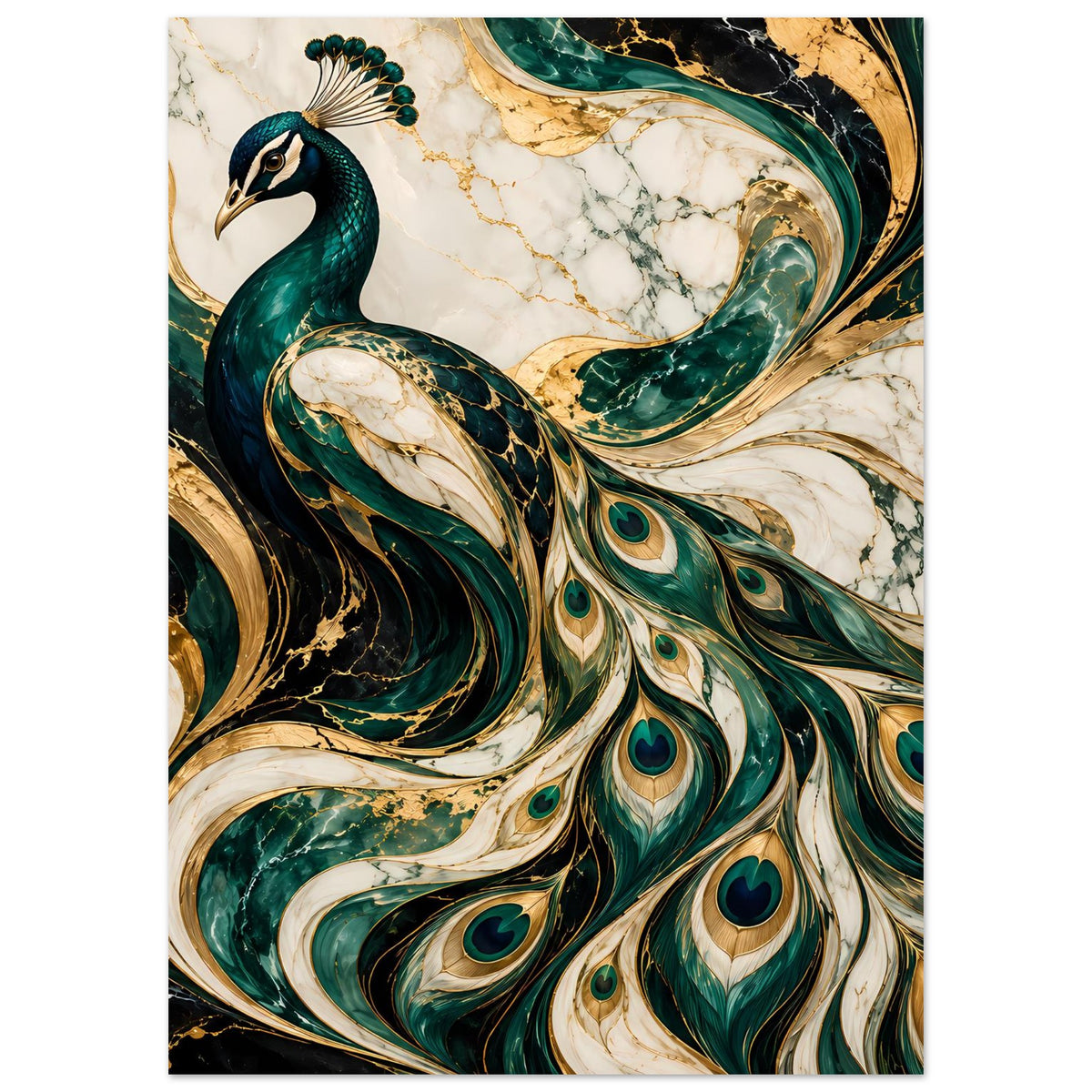 Poster mit Pfau-Motiv in Smaragdgrün und Gold, klare Federaugen im unteren Bereich