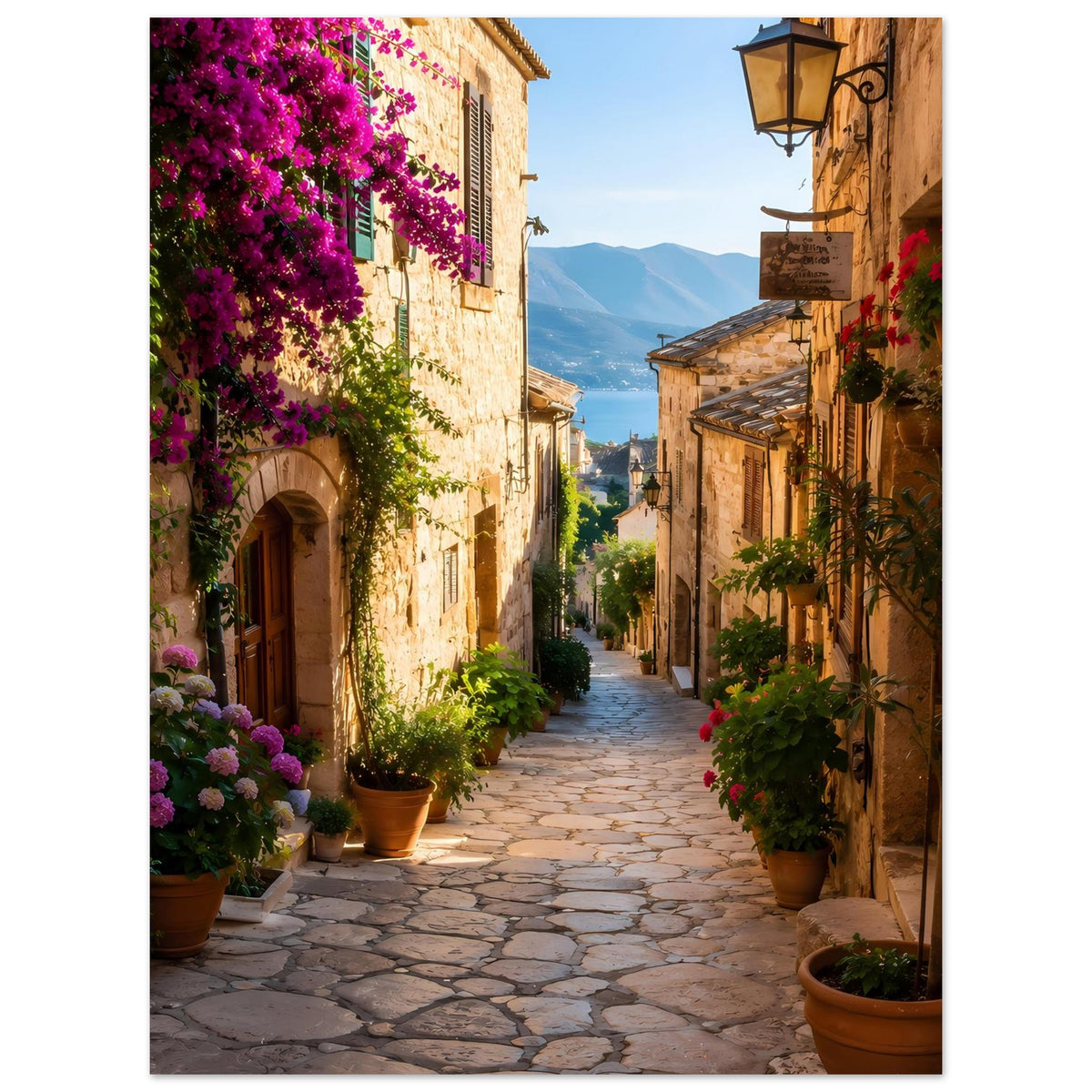 Poster im Hochformat mit mediterraner Gasse, lila Blumen links und Laterne rechts.