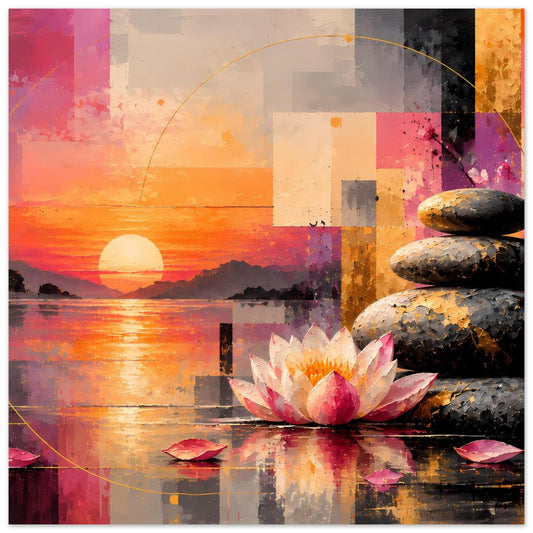 Zen-Poster: Lotusblüte, Steinstapel und Sonnenuntergang mit abstraktem Farbverlauf