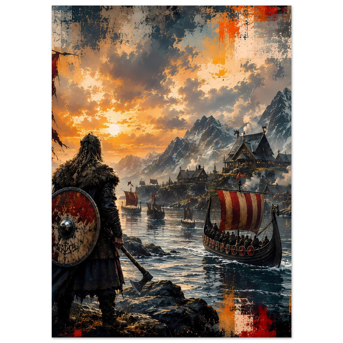 Wikinger-Saga-Poster mit Krieger im Vordergrund, rotem Schild und Langschiff über Wasser