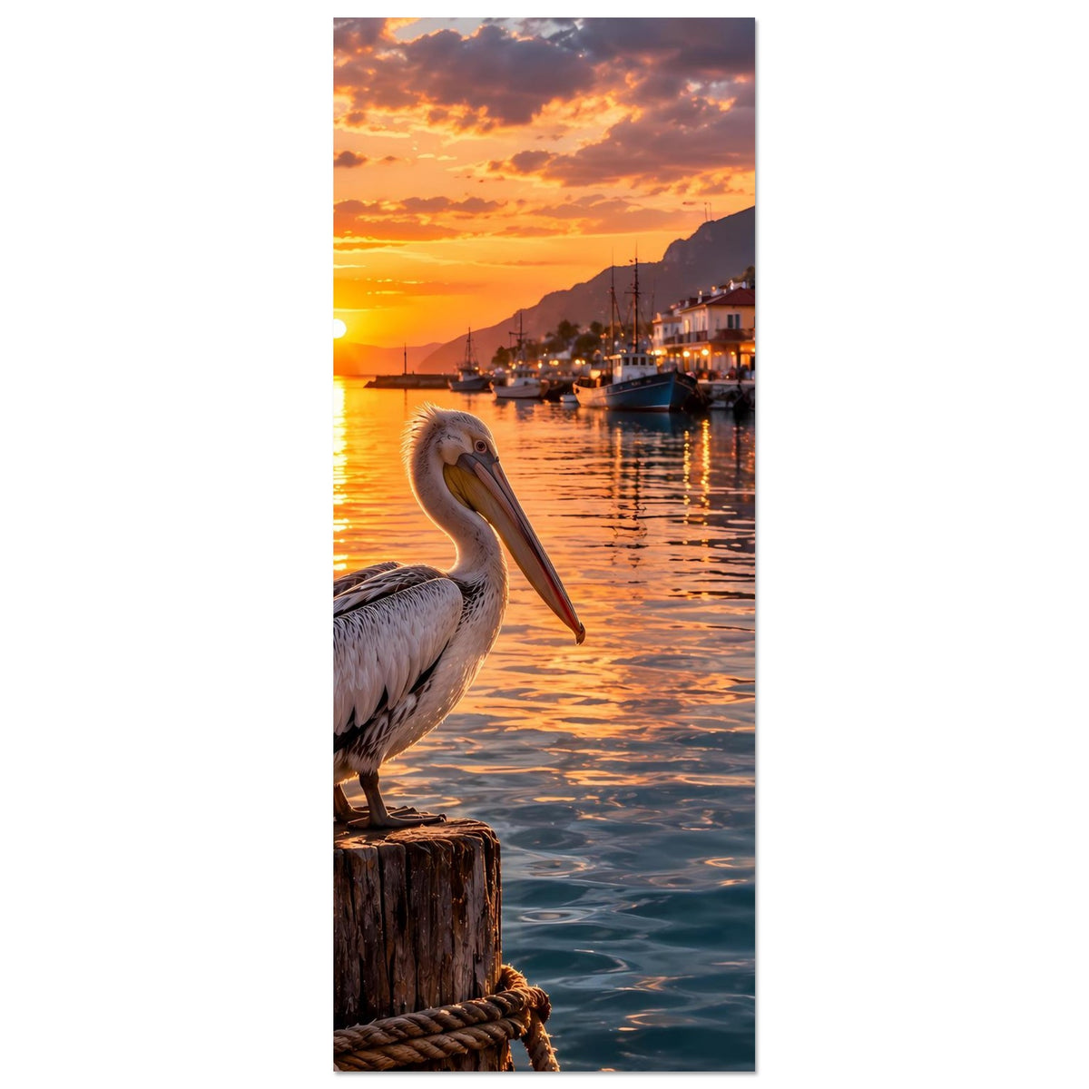 Premium-Poster, vertikal: Pelikan auf Holzpfahl im Sonnenuntergangslicht