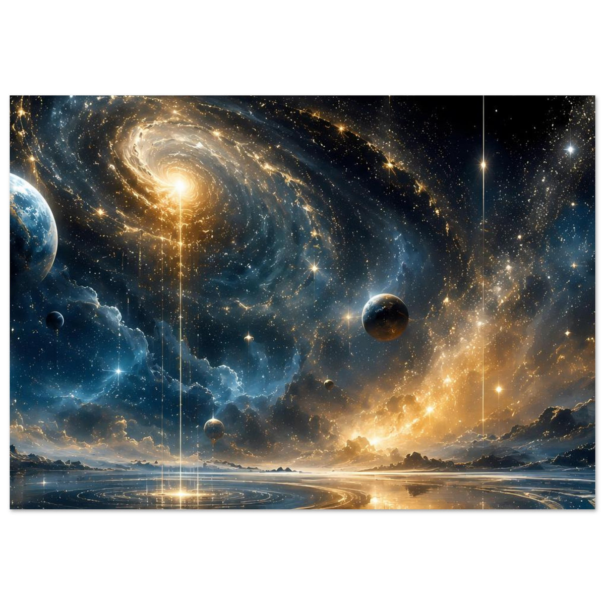 Weltraum-Poster mit Spiralgalaxie, Planeten, Sternen und goldener Himmelsglut