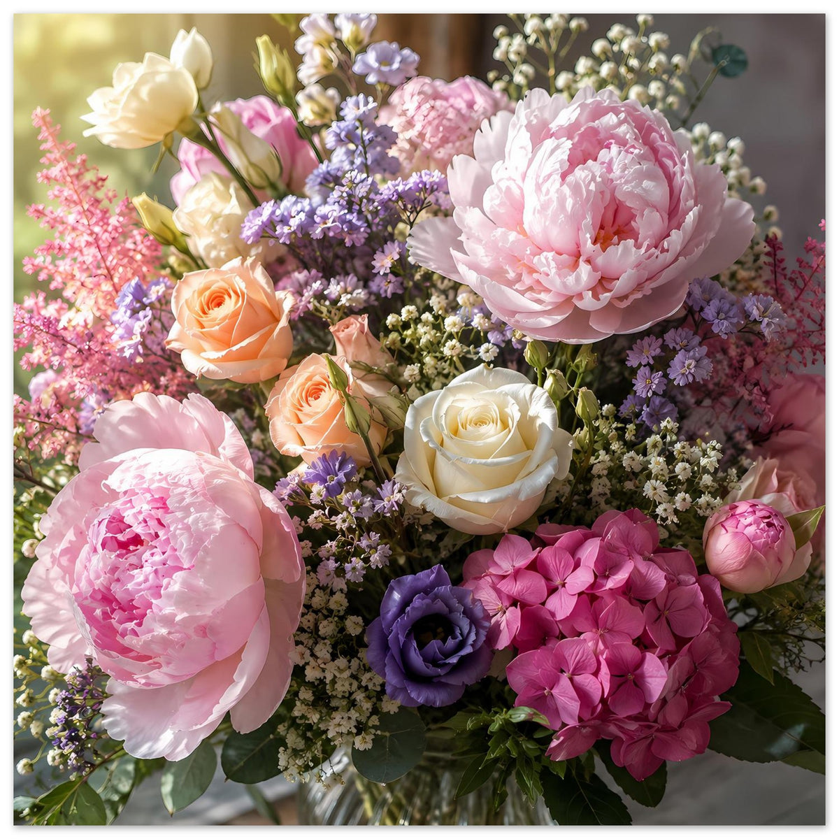 Blumenstrauß-Poster mit Pfingstrosen in Rosa/Weiß und Hortensien in Lila und Pink
