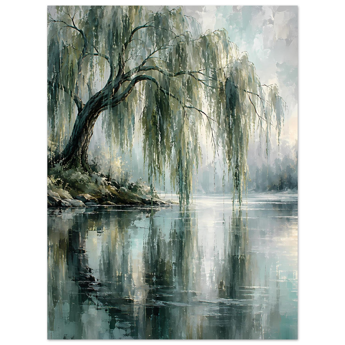 Poster mit Weidenstämmen, Wasserfläche mit Reflexion, gedämpfte Grün- und Creme-Töne
