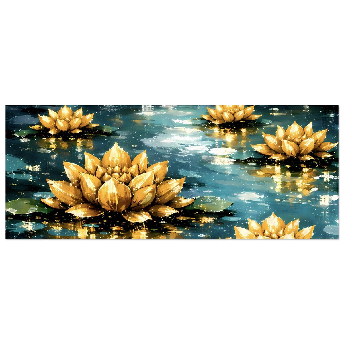 Kunstposter, horizontal: goldene Lotusblüten auf ruhigem Wasser mit leuchtenden Reflexen