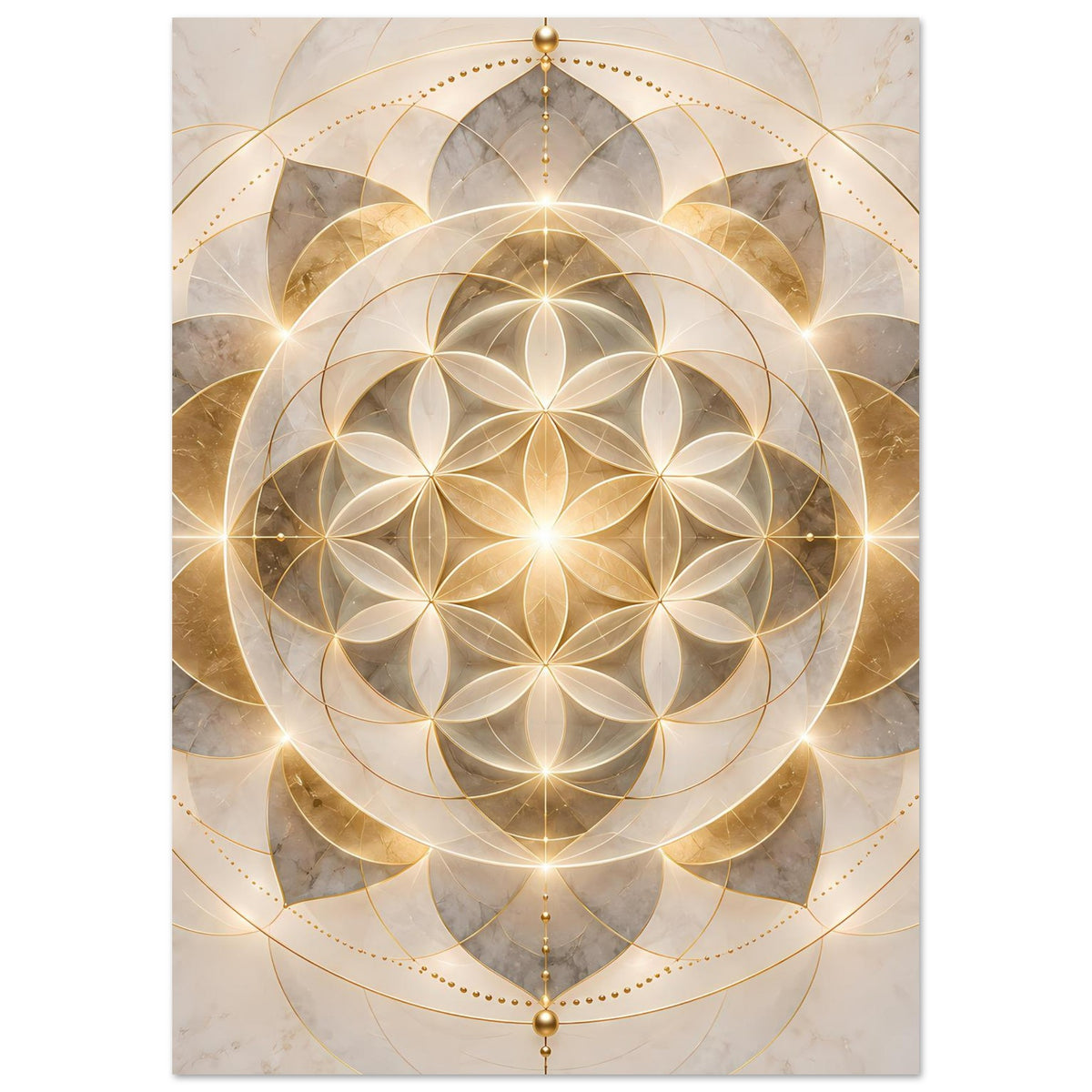 Goldenes Mandala-Poster mit rundem Blütenmuster, leuchtenden Goldlinien und Eckornamenten