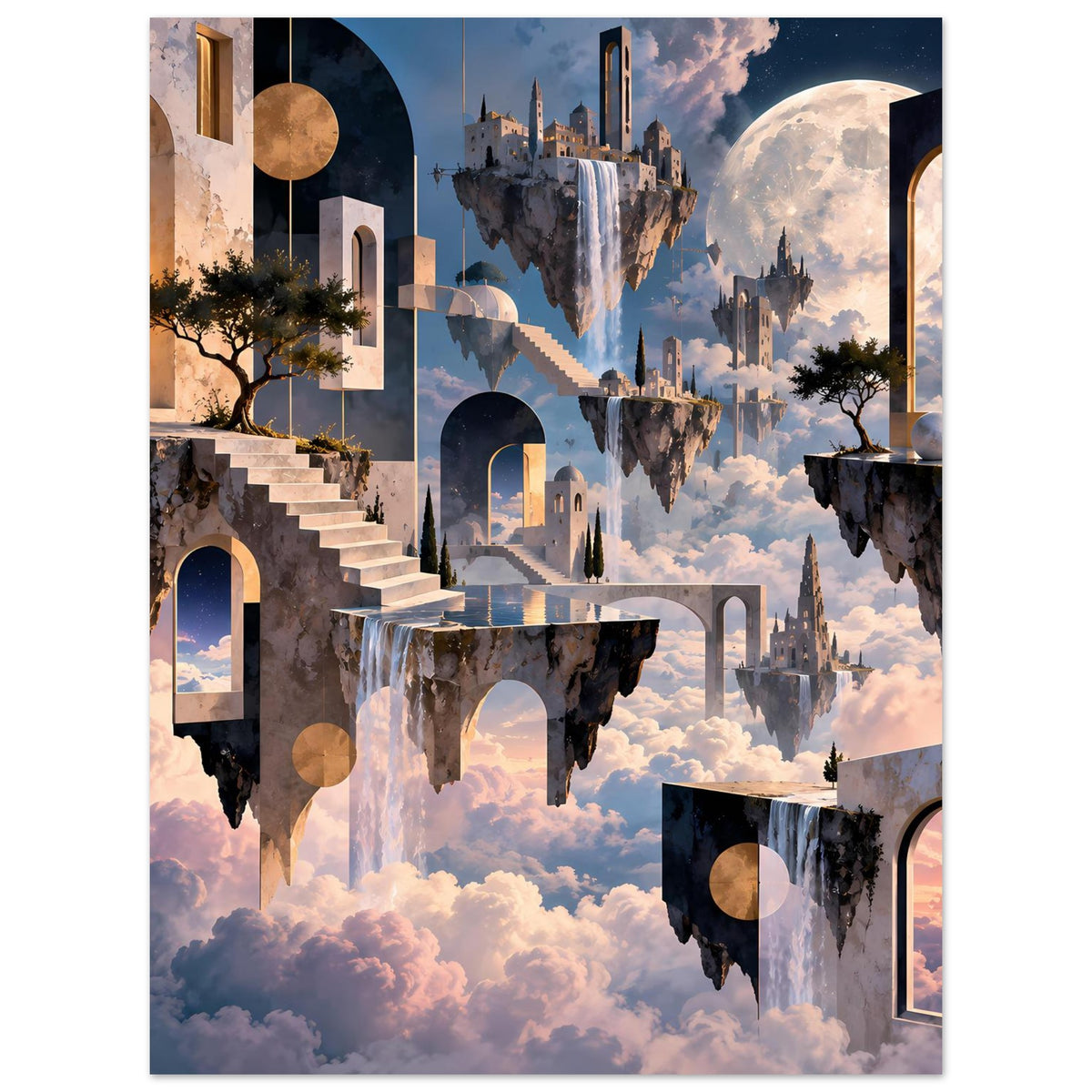 Surreales Poster mit schwebenden Inseln, Steinbögen, Bäumen auf Felsinseln und Wolken