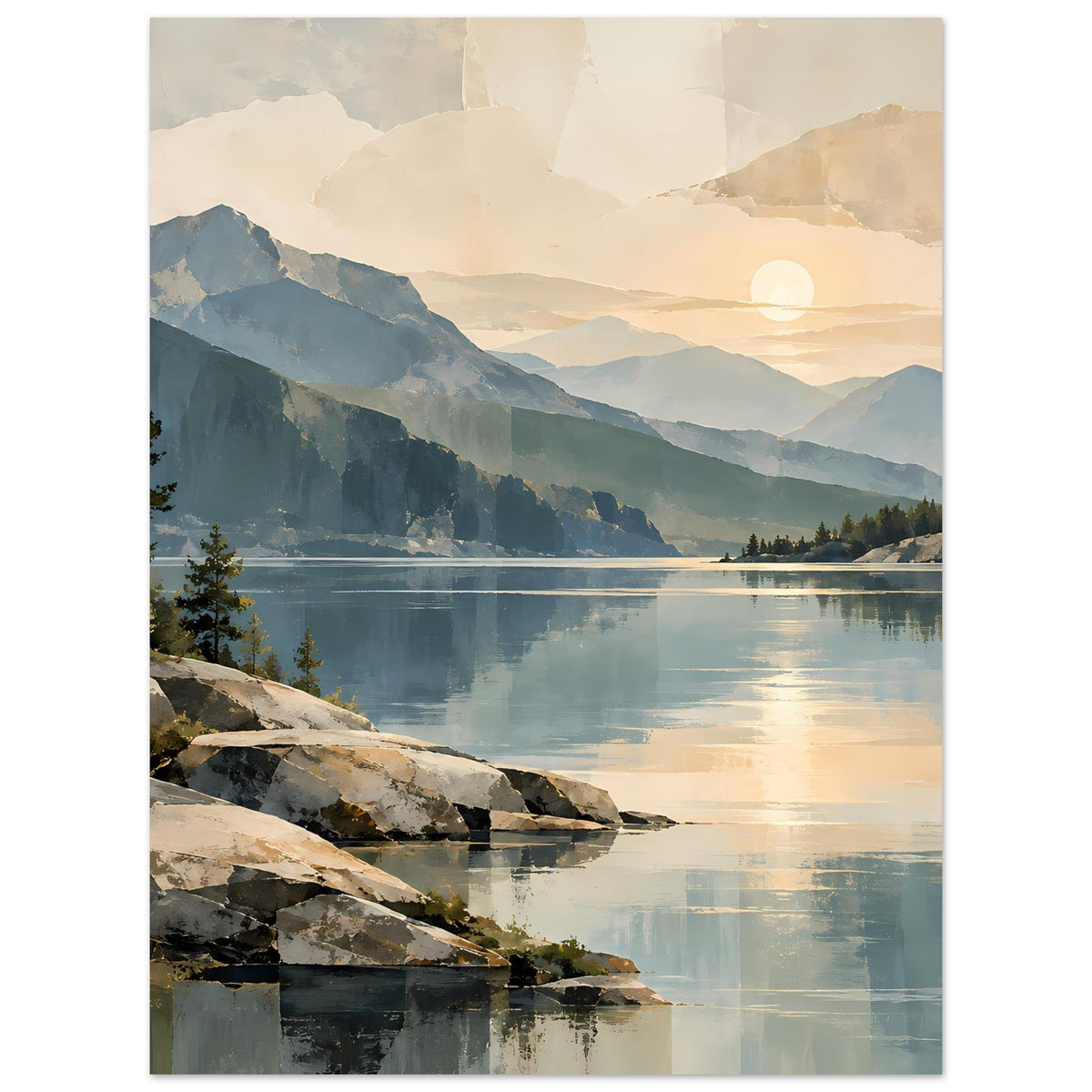 Poster im Hochformat: Bergsee bei weichem Sonnenaufgang, Berge, Nadelbäume und Felsen