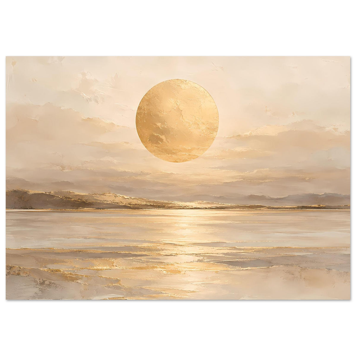 Kunstposter im Querformat: beige Landschaft mit Sonnenkreis und goldenem Wasser
