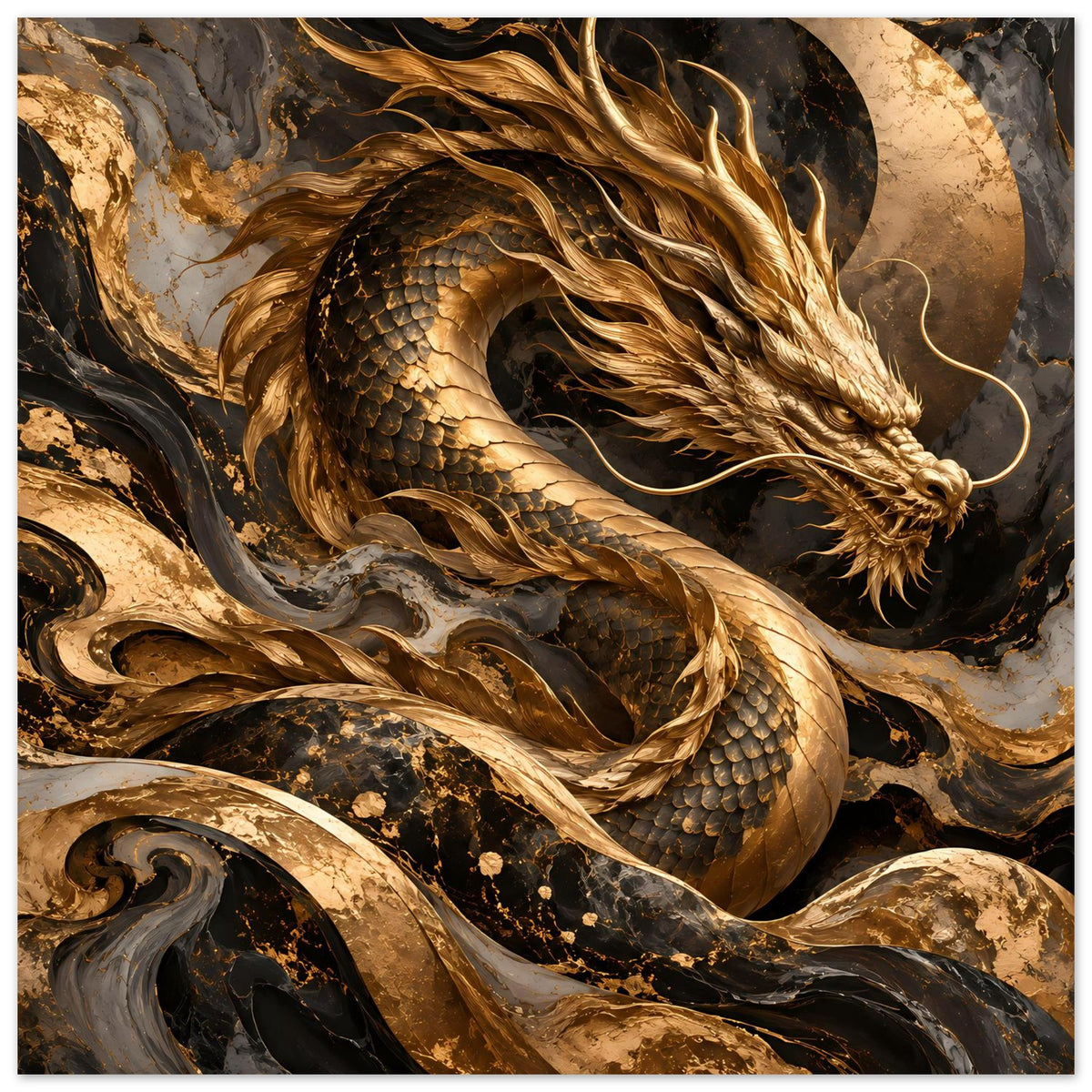 Fantasy-Poster: goldener Drache mit schuppigem Körper und wehenden Flammen-Schuppen