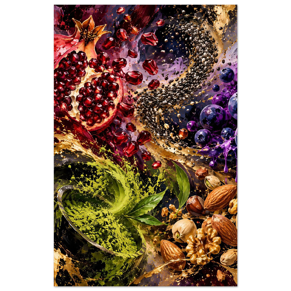 Vertikales Poster mit Granatapfel, lila Beeren, grüner Pulverspirale und Nüssen