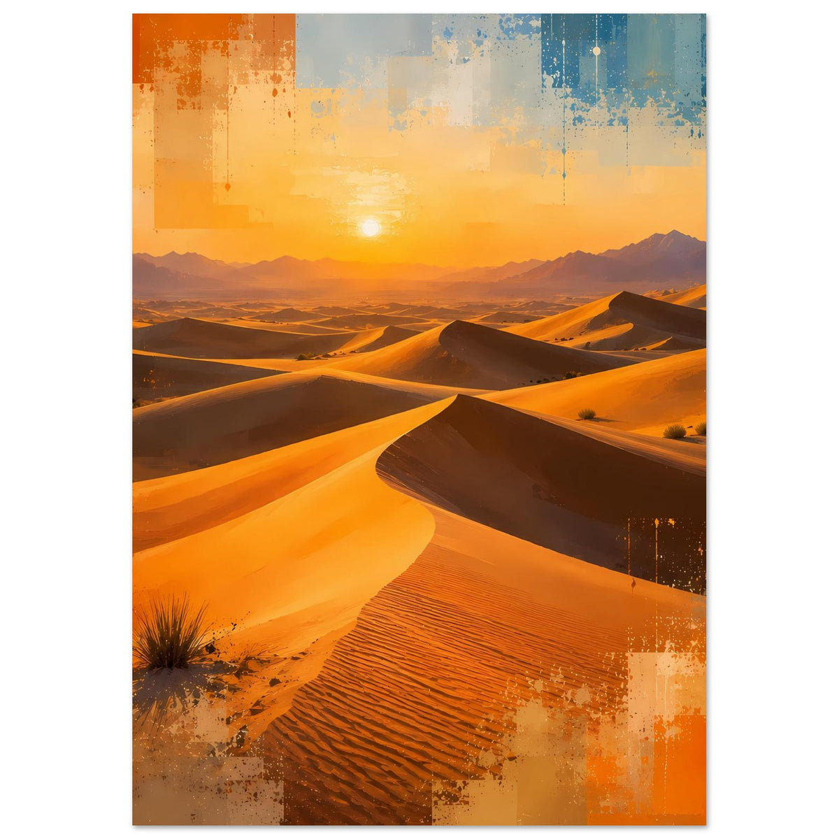 Wandposter mit Wüstenlandschaft zum Sonnenuntergang, warme Orange- und Gelbtöne, Sanddünen