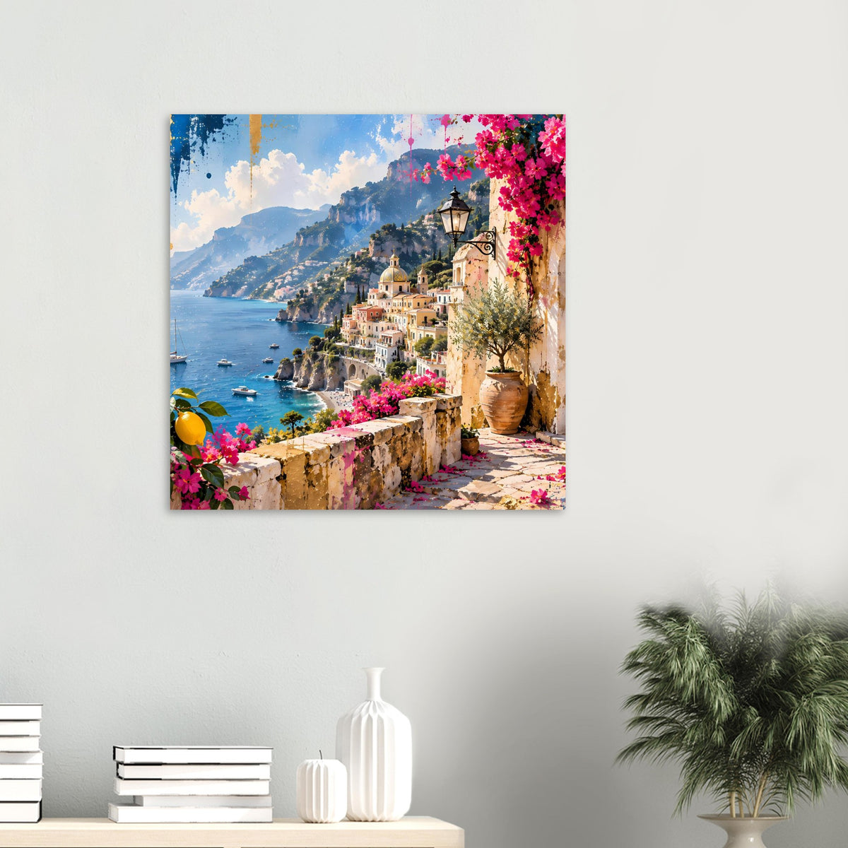 Kunstdruck-Poster mit mediterraner Küste: Küstenort, Blumenranken, Meer und Berge