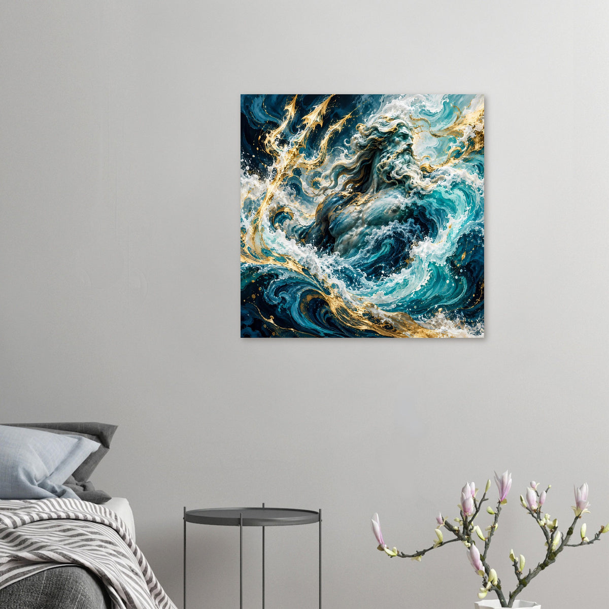 Kleines Wandposter mit Meeresgott in türkisblauen Wellen, goldene Lichtpunkte und Schaum