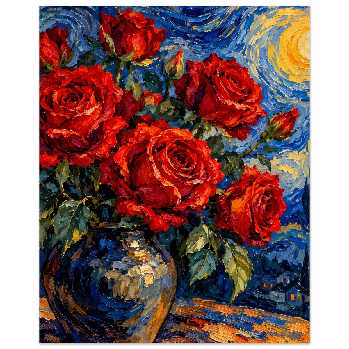 Poster mit rotem Rosenstrauß in Vase, blau-gelbem Hintergrund, senkrecht