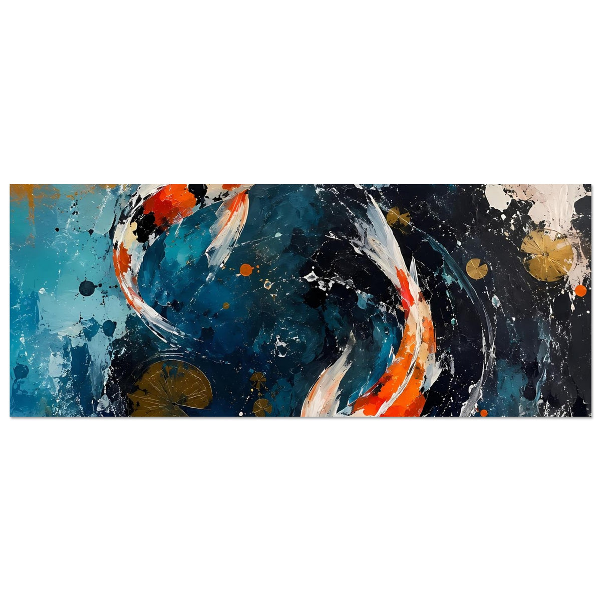 Abstraktes Koi-Poster als Querformat-Ausschnitt mit zwei Fischen und blau-schwarzem Wirbel