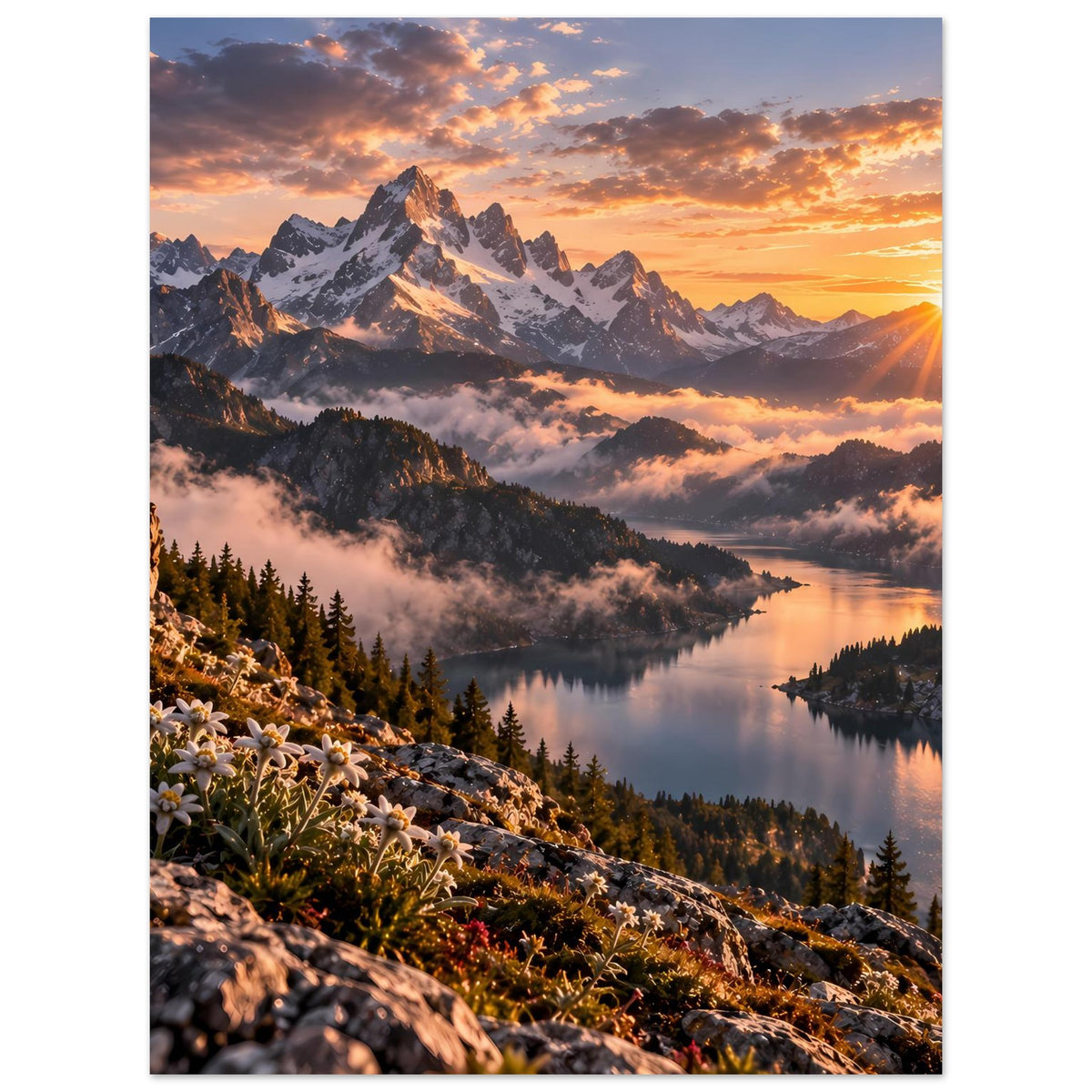 Bergsee-Poster: Alpen mit Sonnenaufgang, ruhiger See und Blüten am Vordergrund
