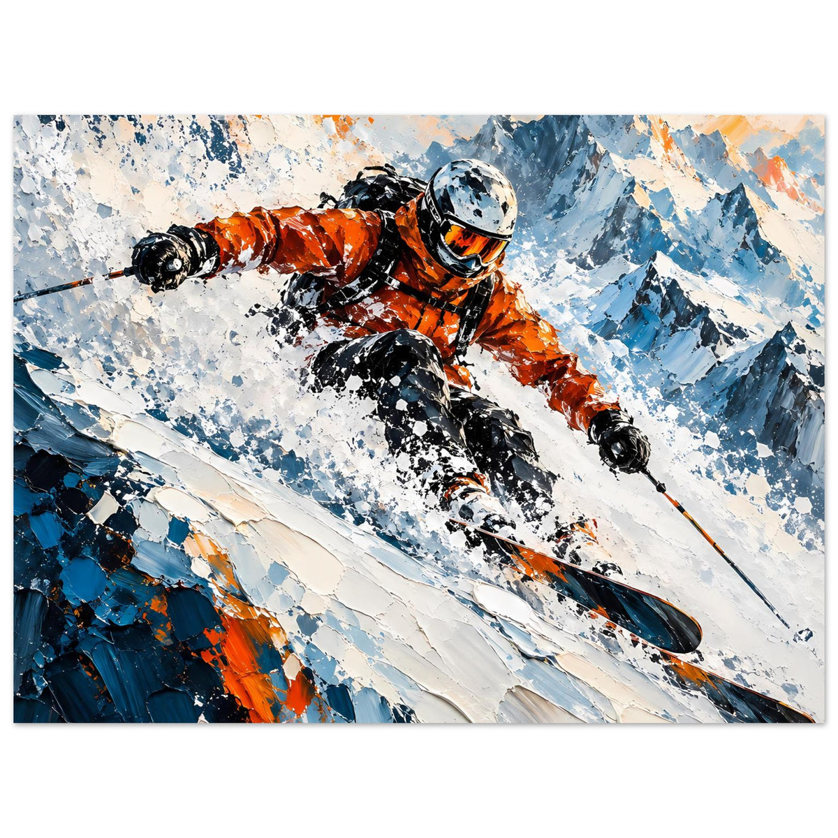 Wintersport-Poster im Querformat: orange Skifahrer, blaue Berge und schneebedeckte Pisten