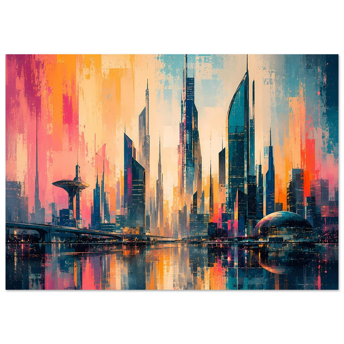 Horizontales Stadtpanorama-Poster mit Skyline und runder Kuppel, Sunset-Farben und Reflexion