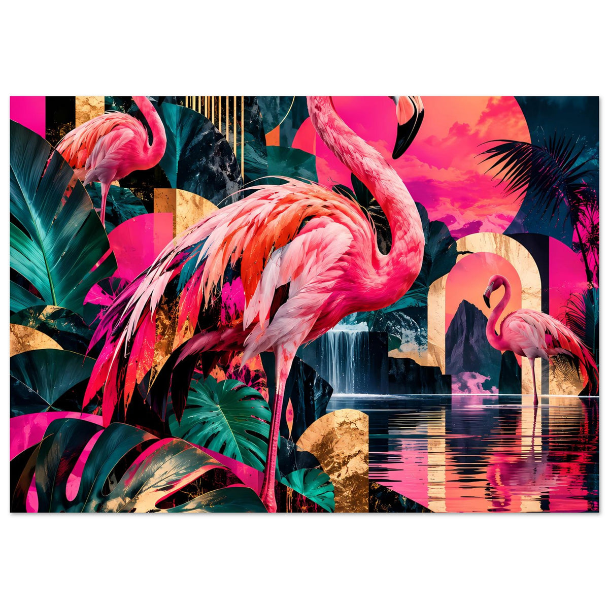 Flamingo-Poster mit pinken Flamingos, Palmen und Wasserreflexionen, Querformat