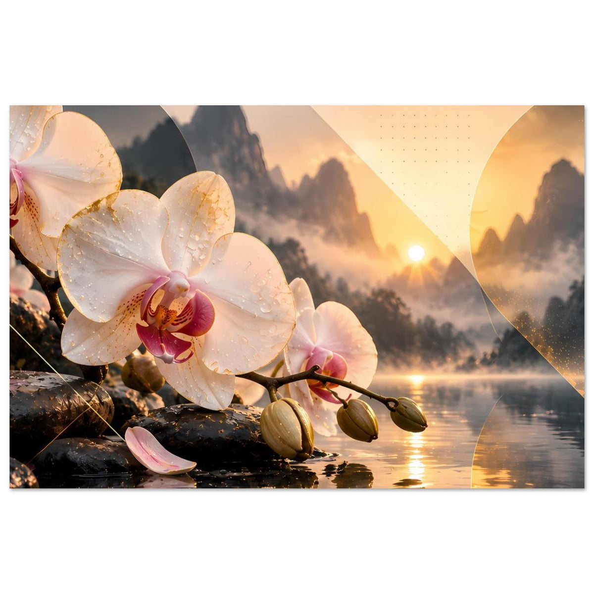 Blumenposter mit weißen Orchideenblüten und Landschaftsszene mit Sonnenuntergang, Querformat