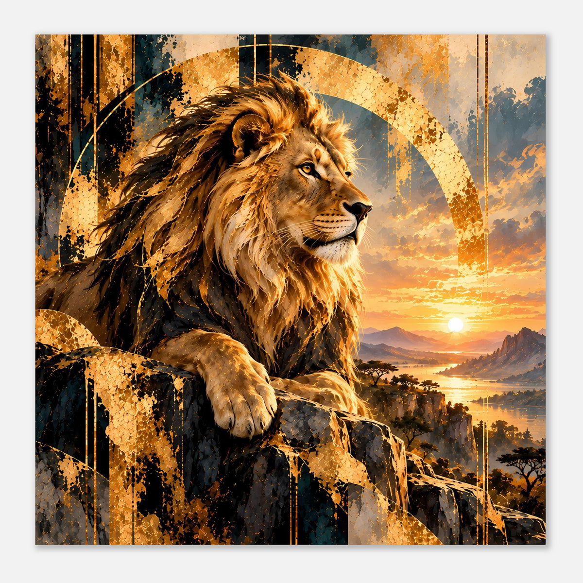 Quadratisches Löwen-Sonnenuntergangs-Poster mit brüllendem Löwen auf Felsen