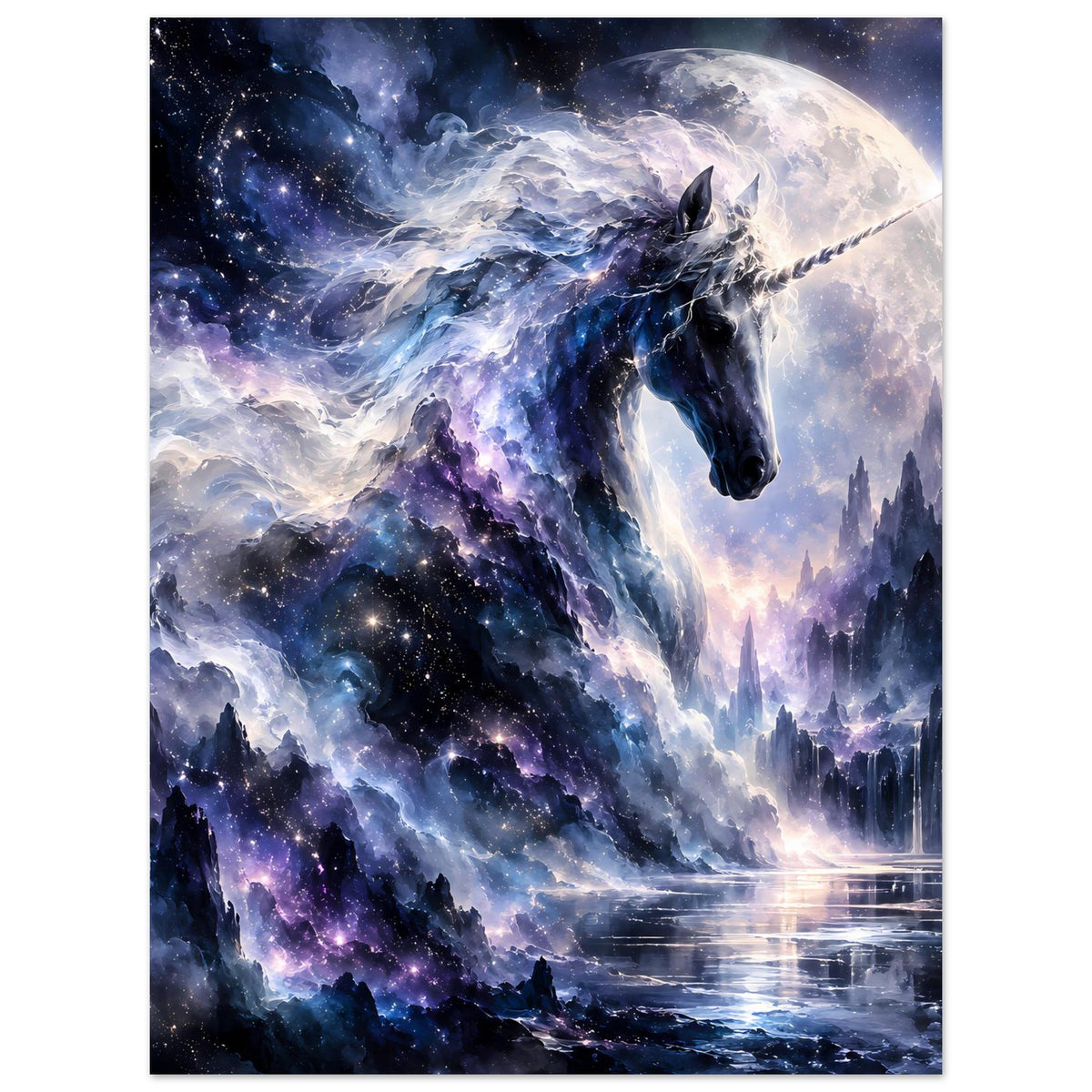 Poster im Hochformat mit galaktischem Einhorn, Mondlicht und Wasserlandschaft