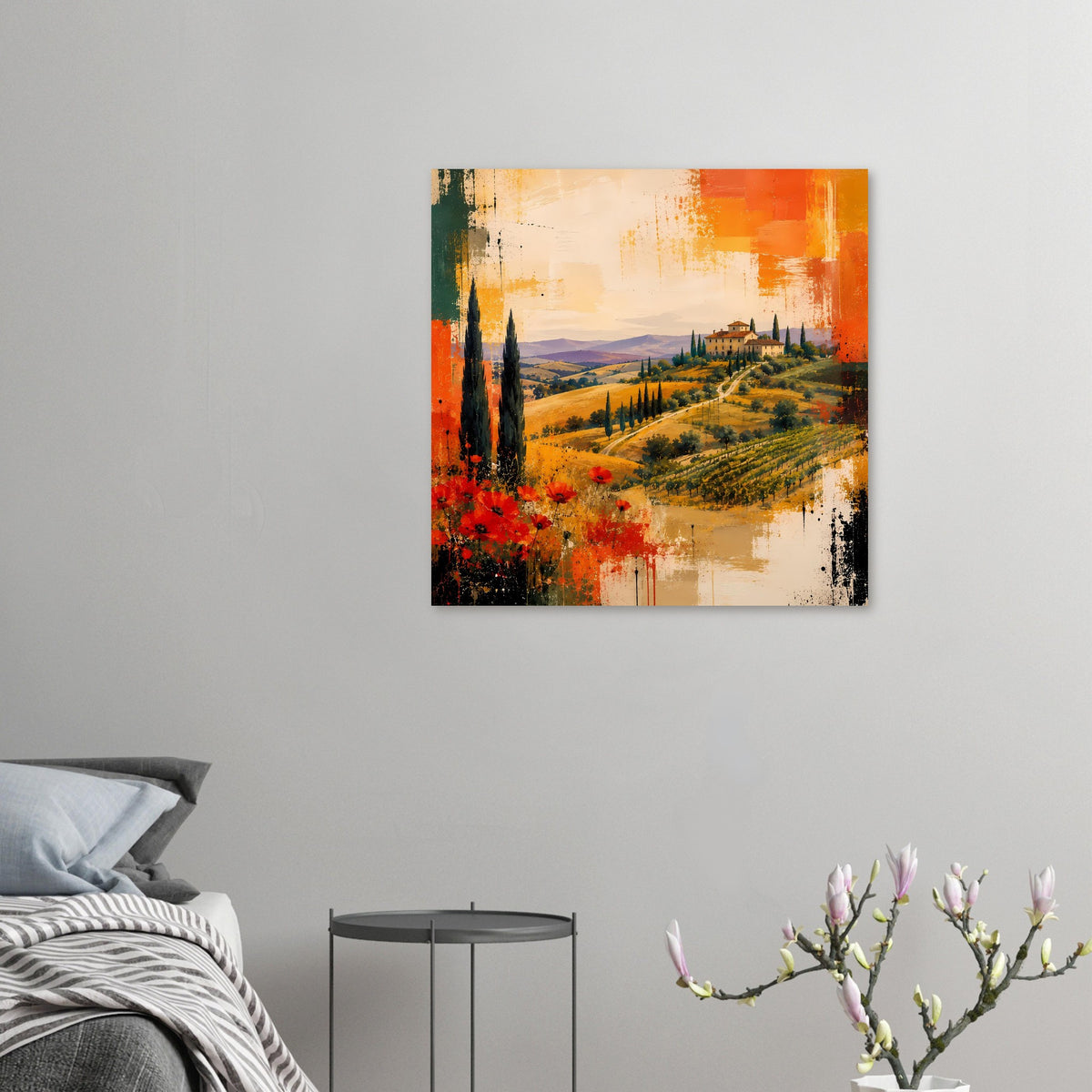Abstraktes Poster klein: toskanische Landschaft mit Zypressen, Landhaus und roten Mohnblumen