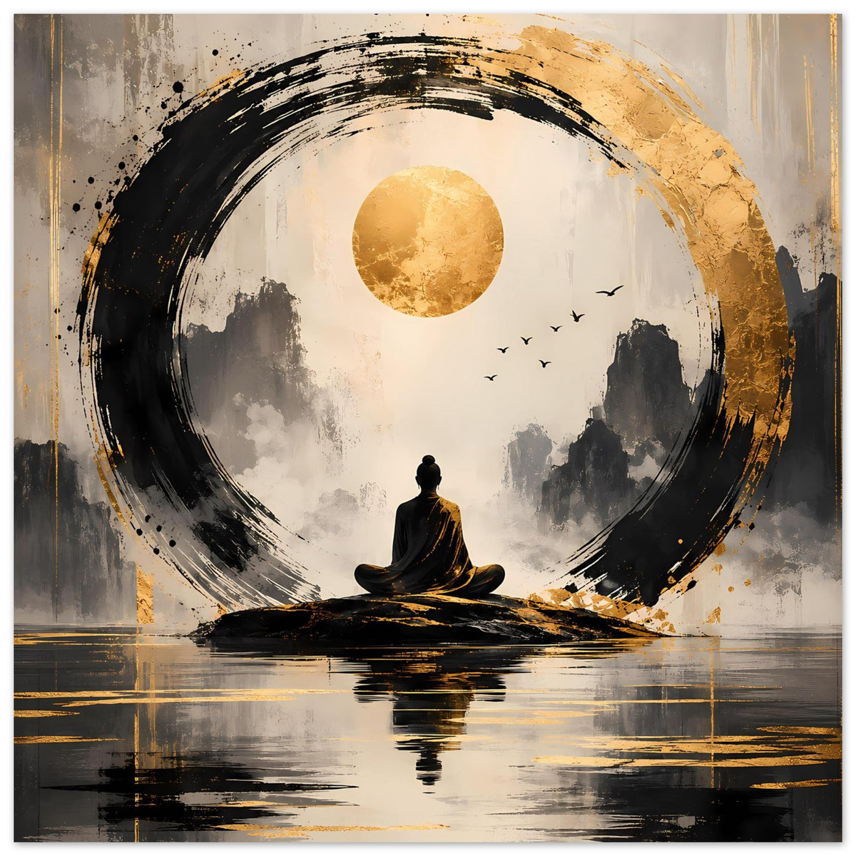 Zen-Kunstposter im Querformat mit Meditationsfigur, goldfarbenen Akzenten, Vögeln und Reflexion
