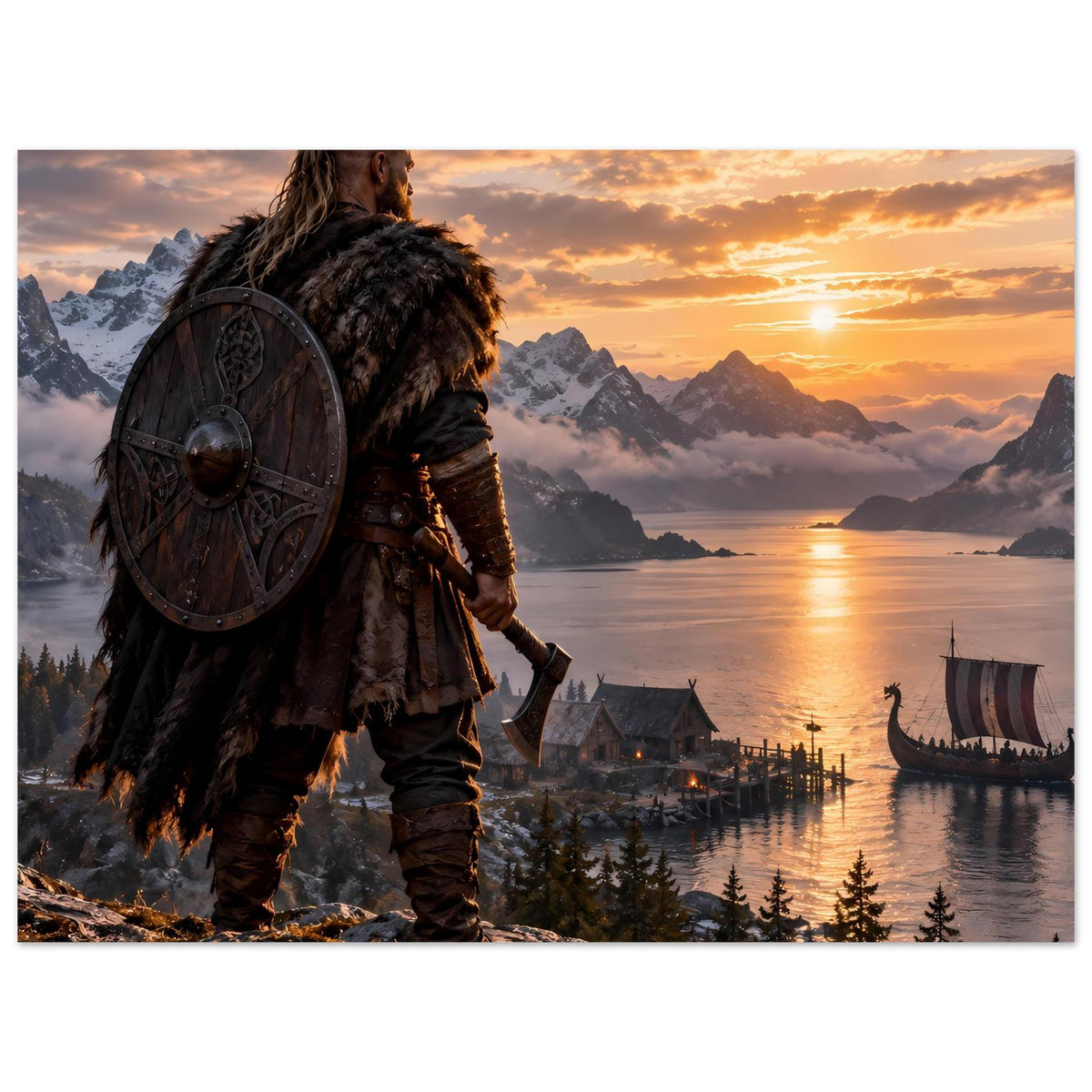 Wikinger-Poster mit Rundschild, Felljacke und Stiefeln, Langschiff im Wasser
