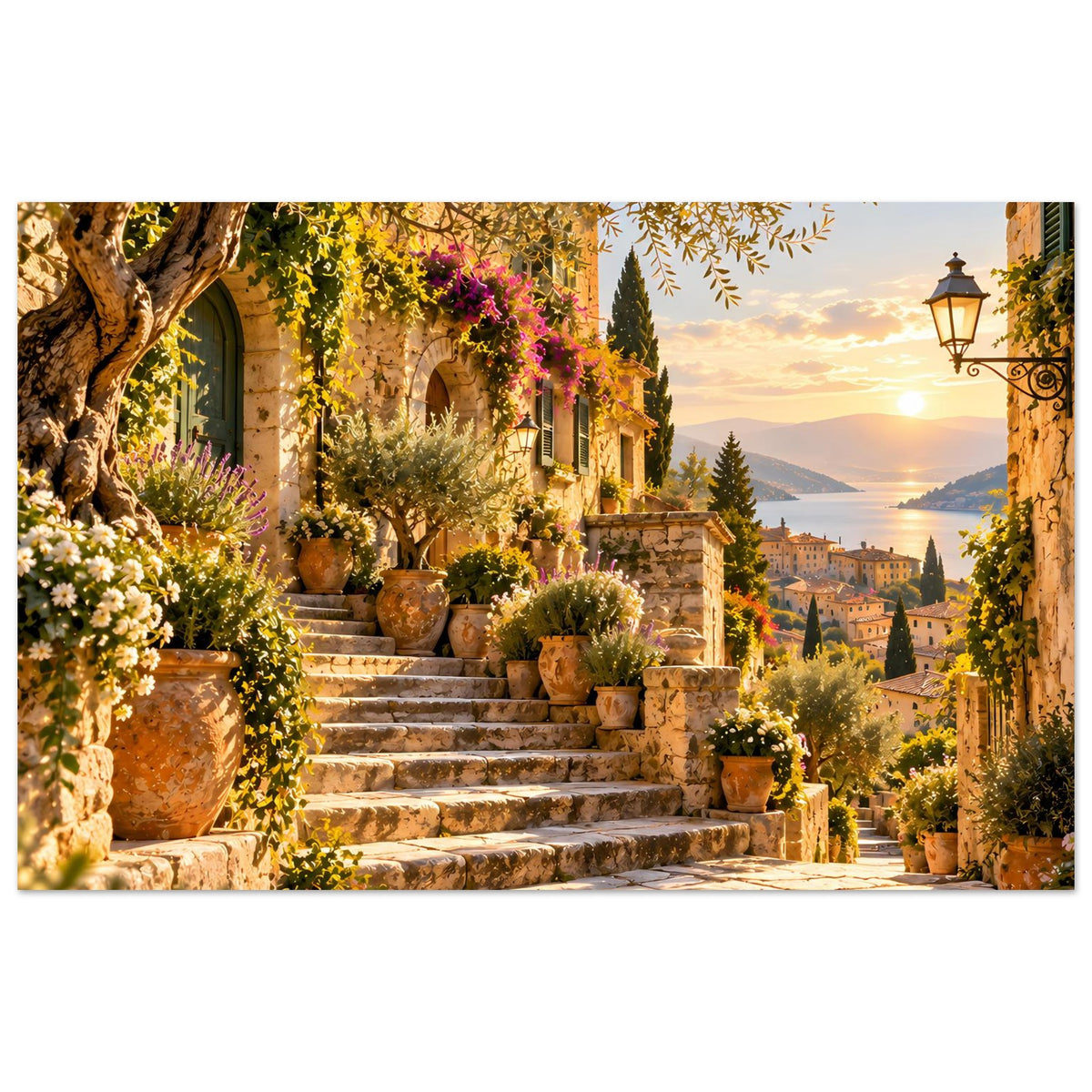 Mediterranes Sonnenuntergangs-Poster: Steintreppe mit Pflanzkübeln vor Hausfassade