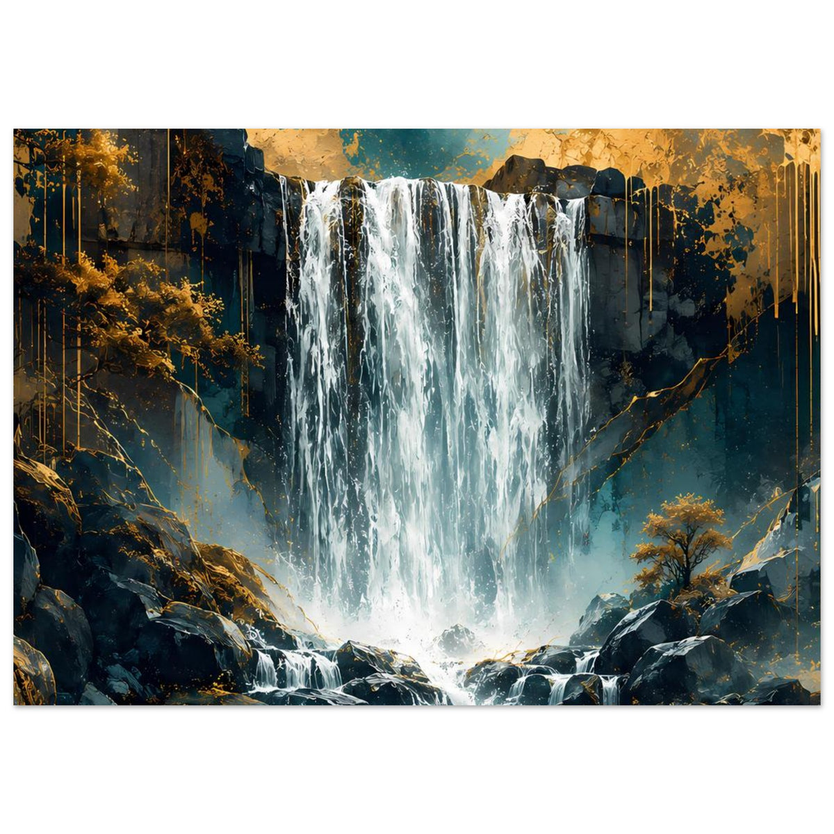 Wasserfall-Poster im Querformat: breiter Wasserfall, Felsenlandschaft, türkis und Gold