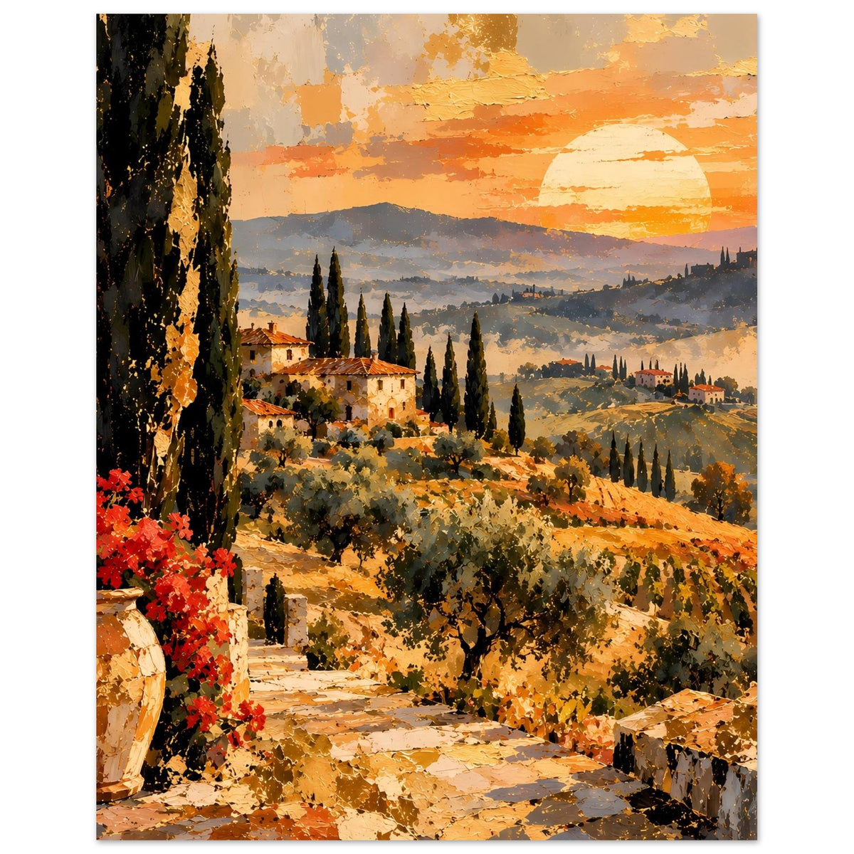 Poster mit toskanischer Landschaft, Zypressen, Feldern und goldenem Himmel