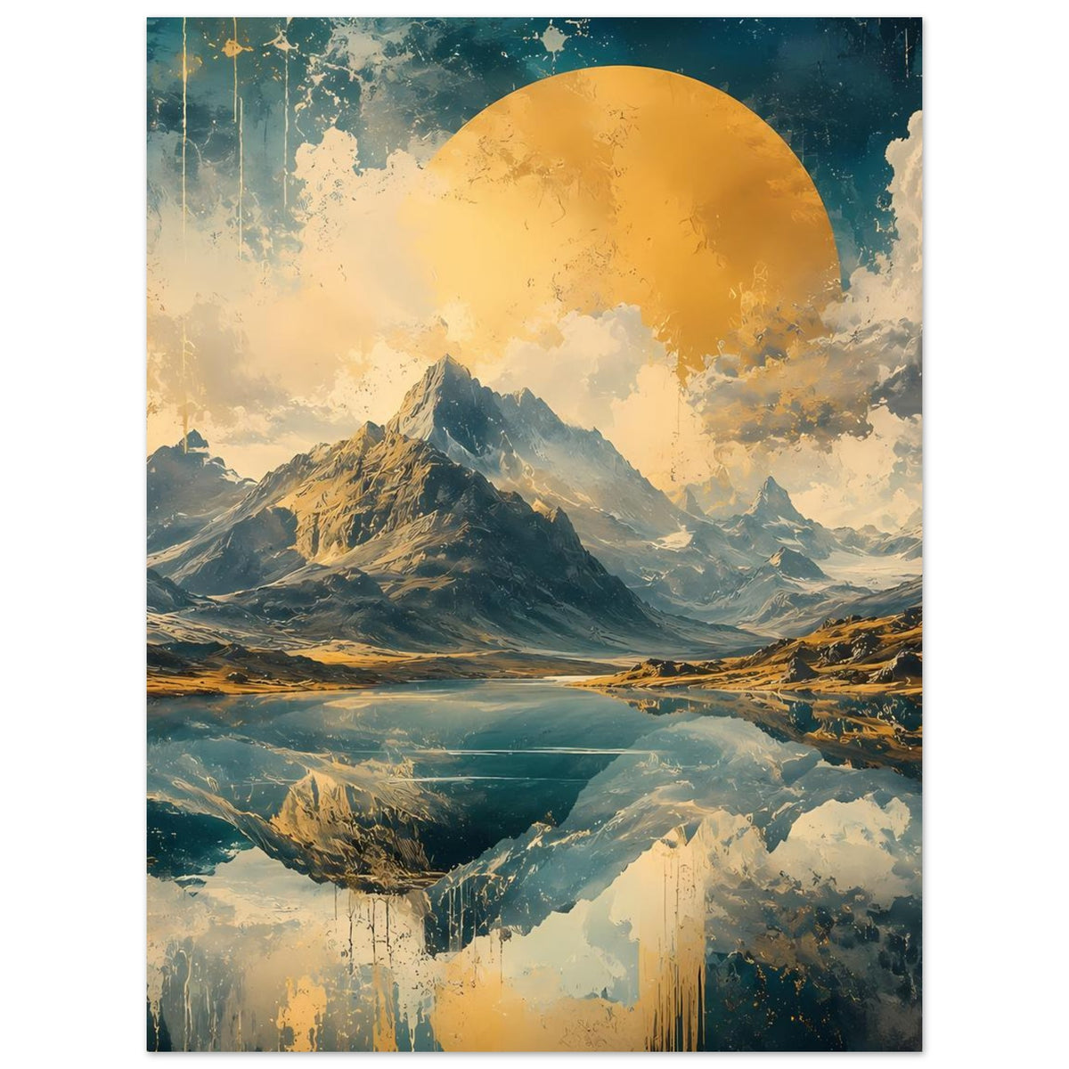 Poster mit Bergtal und spiegelnder Aussicht in Blau- und Goldtönen, vertikal