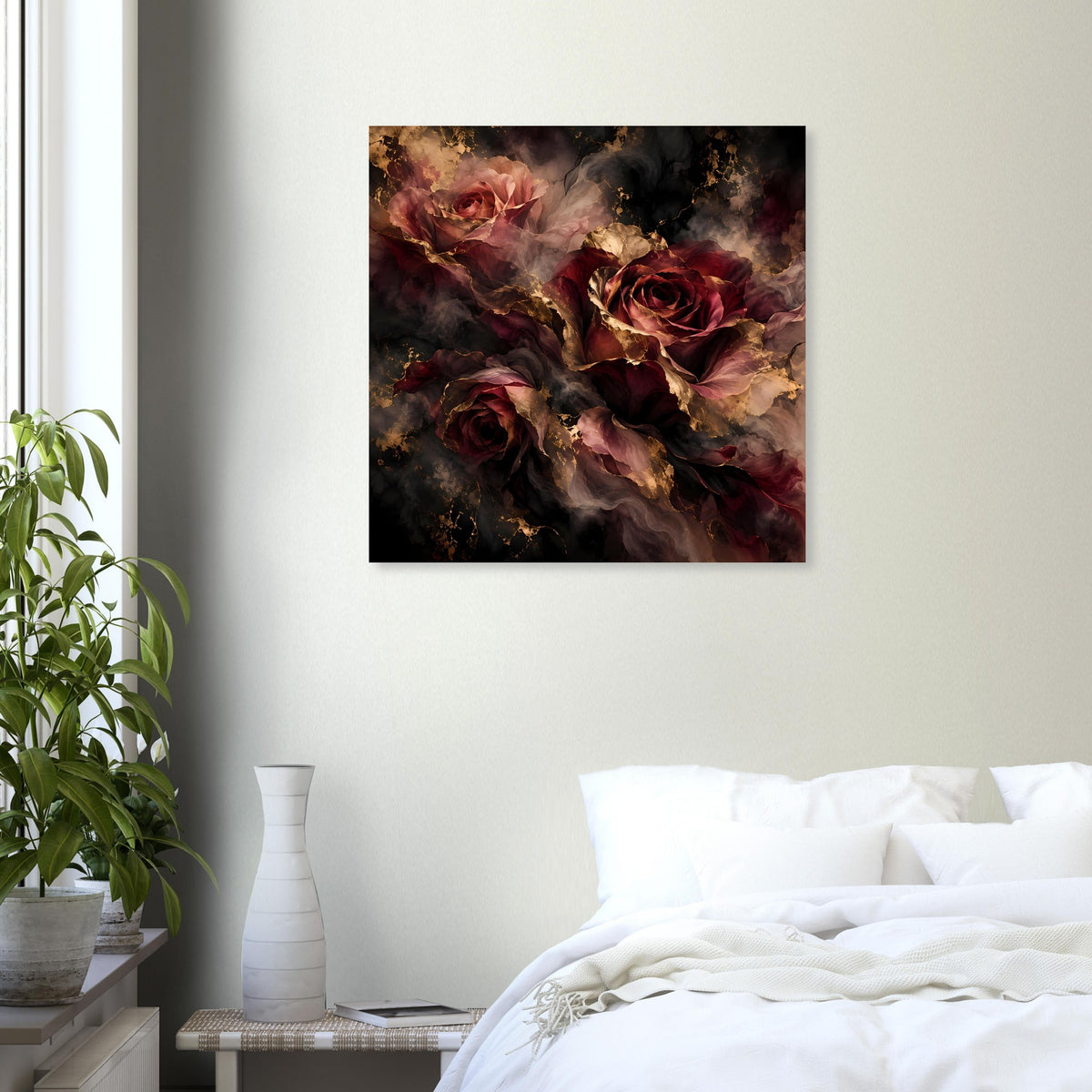 Quadratisches Poster mit Rosen in Dunkelrot/Braun und goldenen Akzenten, schwarz gerahmt.