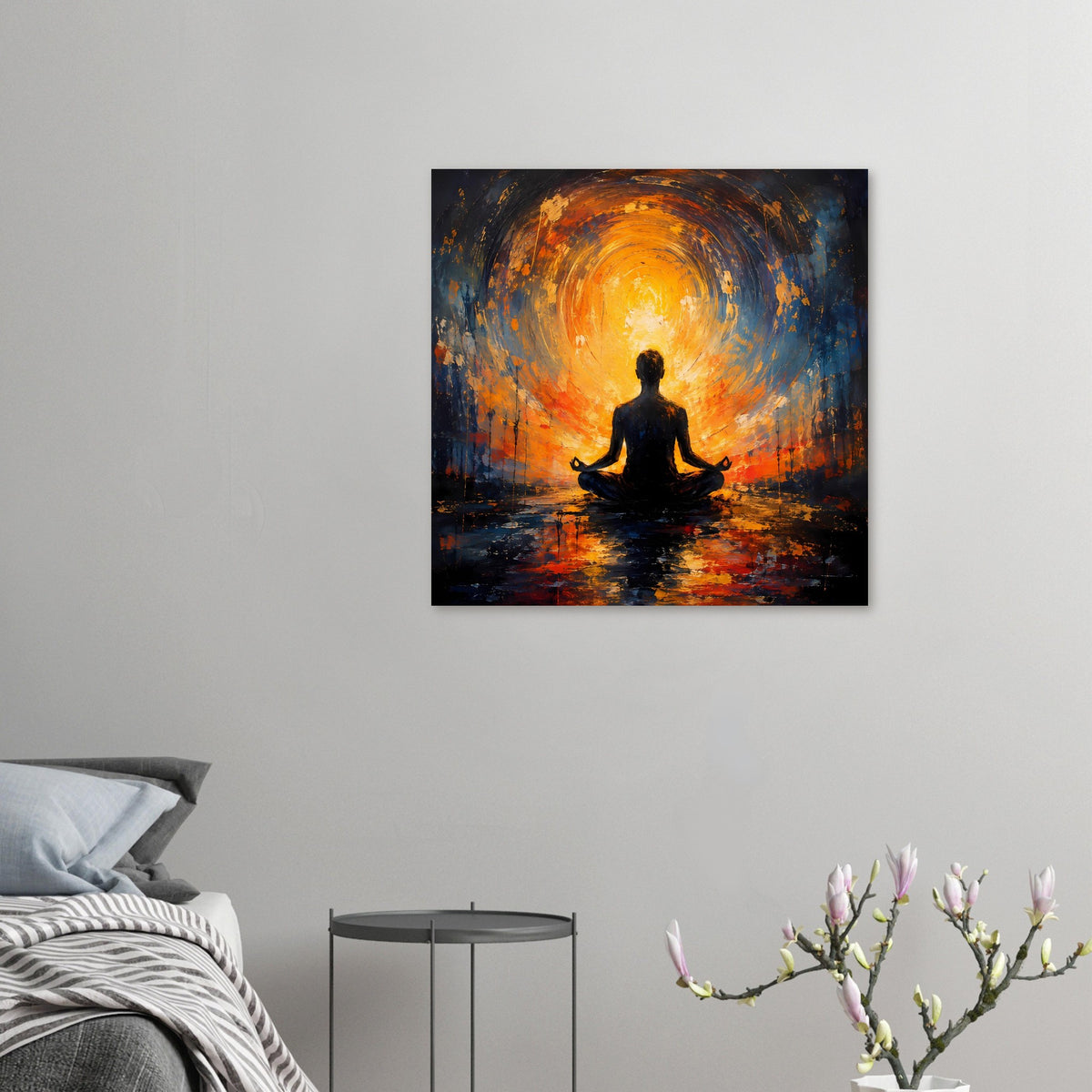 Kleines abstraktes Poster: meditativer Sitzkörper vor orange-blauem Lichtkreis