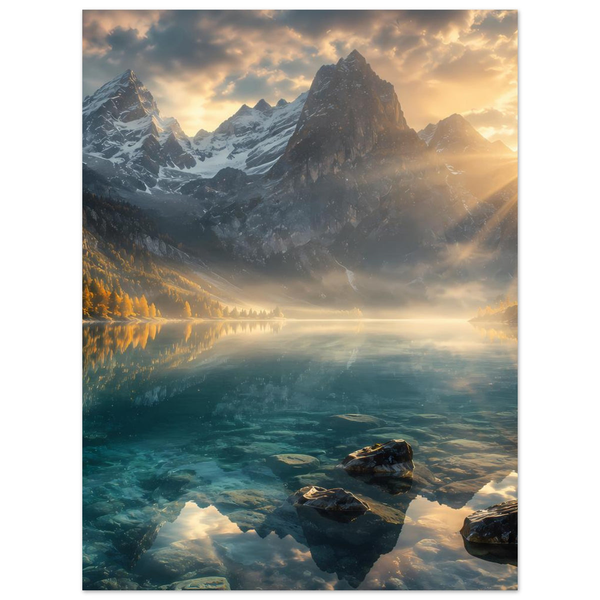 Poster mit Alpenlandschaft am See, warme Abendsonne, Berge, Felsbrocken im Wasser
