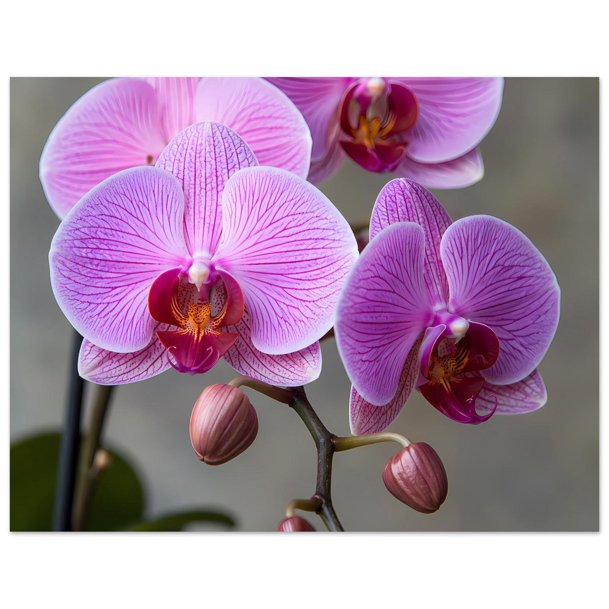 Orchideen-Poster mit lila-rosa Blüten und rosa Knospen, zarte Nahansicht