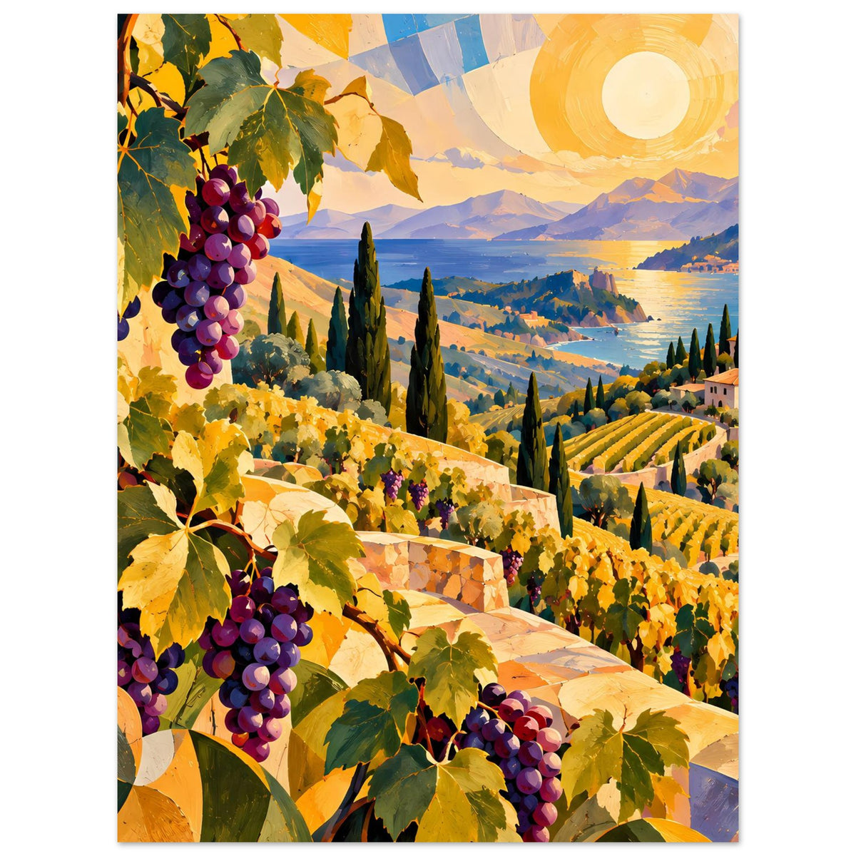 Landschaftsposter mit Weinreben und violetten Trauben, Weinberge und gelbe Sonne über dem See