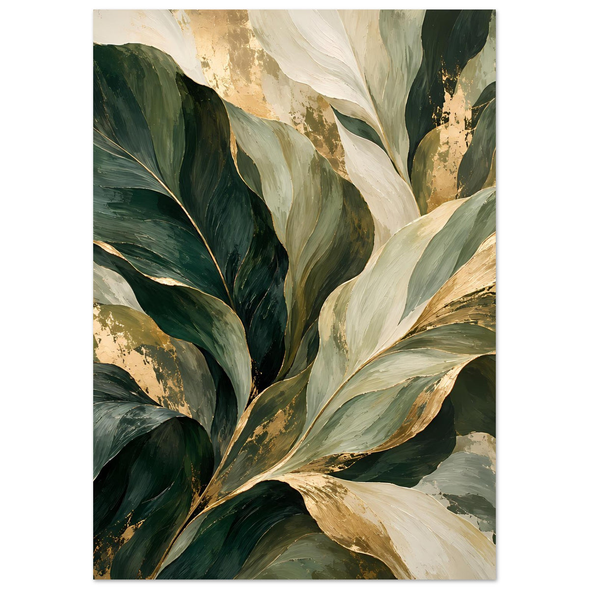Botanisches Poster im Hochformat mit üppigem Blattmotiv in Grün, Creme und Gold