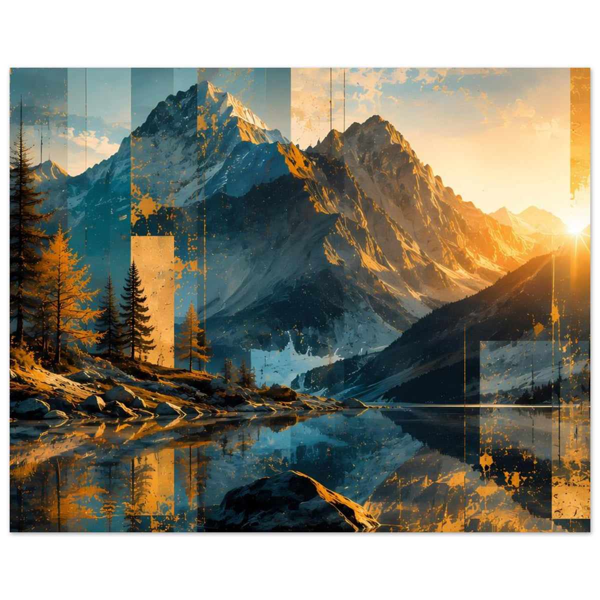 Horizontales Poster mit abstrakter Berglandschaft: warmes Abendlicht, Gipfel, Tal, Reflexion